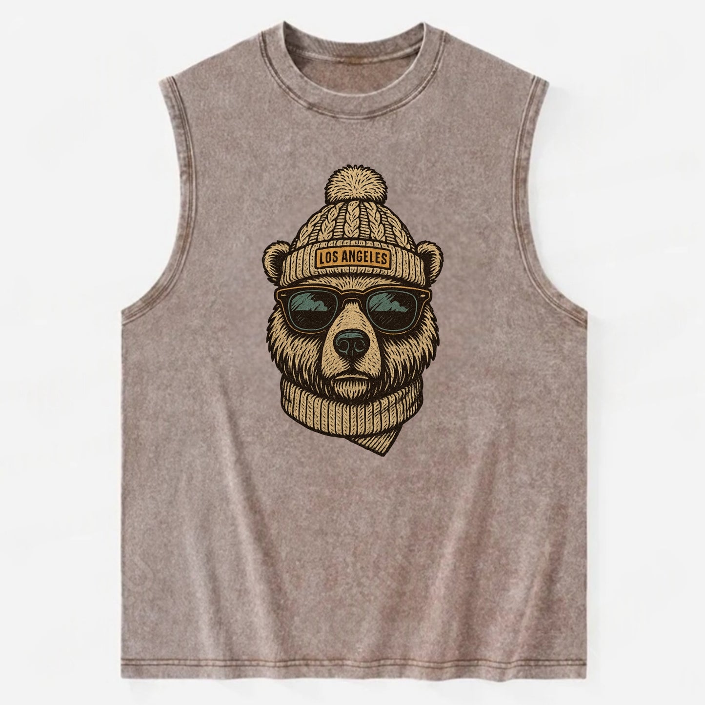 California Grizzly Bear wearing Los Angeles beanie with pom pom and wayfarer - Vintage Washed Tank - Brown