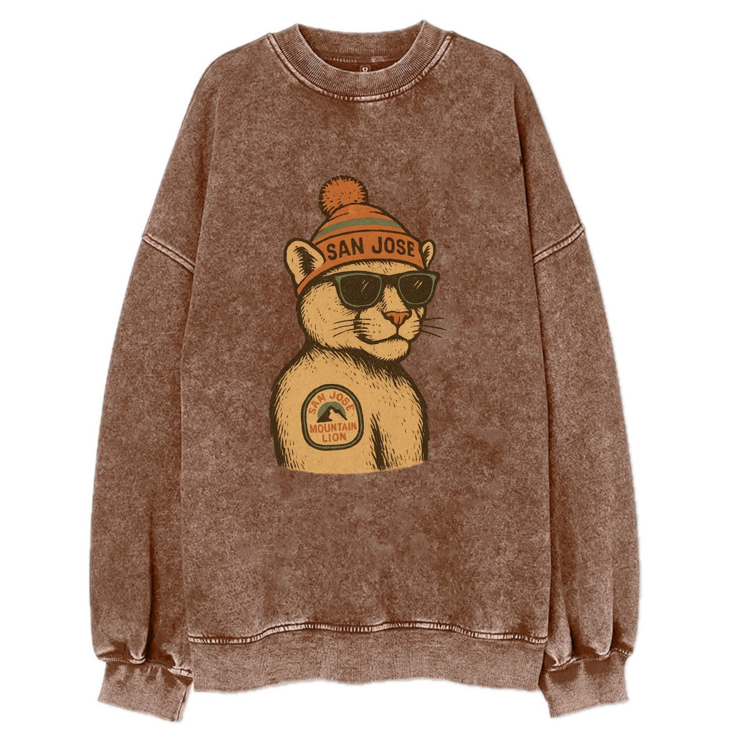 San Jose Mountain Lion wearing San Jose beanie with pom pom and wayfarer - Vintage Sweatshirt - Brown