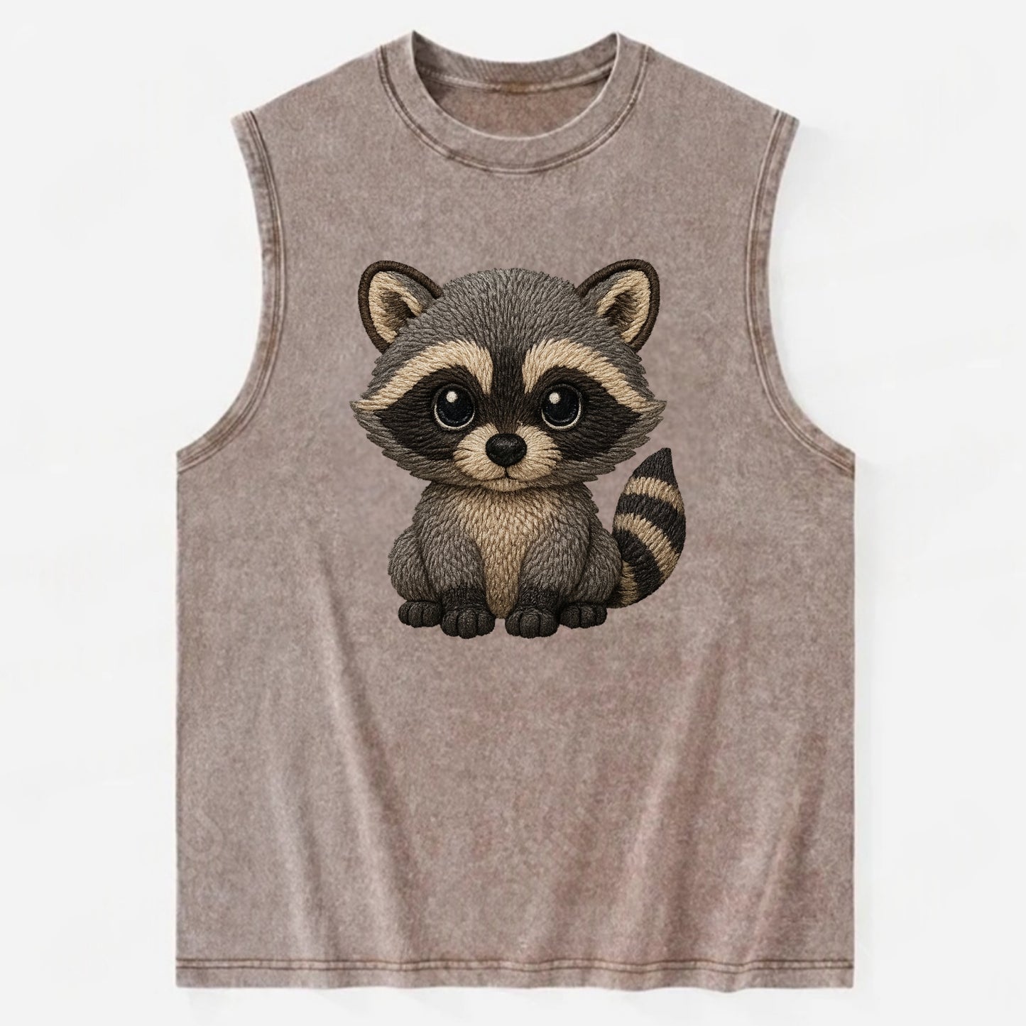 Baby Raccoon - gray fur, black mask, ringed tail, bright curious eyes, - Vintage Washed Tank - Brown