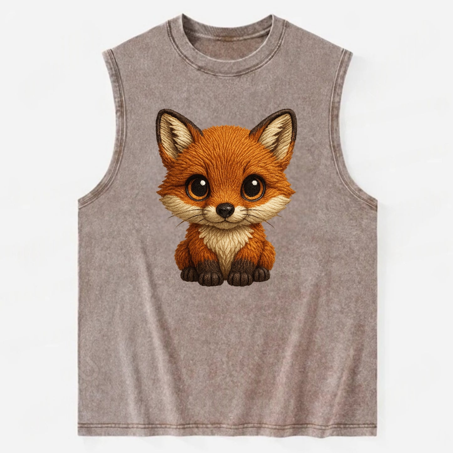 Baby Red Fox - russet fur, white chest, big amber eyes, perky ears, - Vintage Washed Tank - Brown