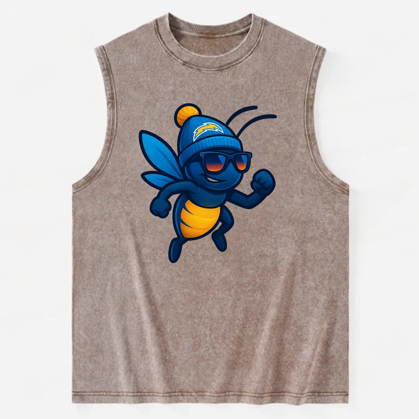 LA Lightning Bug wearing Chargers powder blue and gold beanie with pom pom - Vintage Washed Tank - Brown