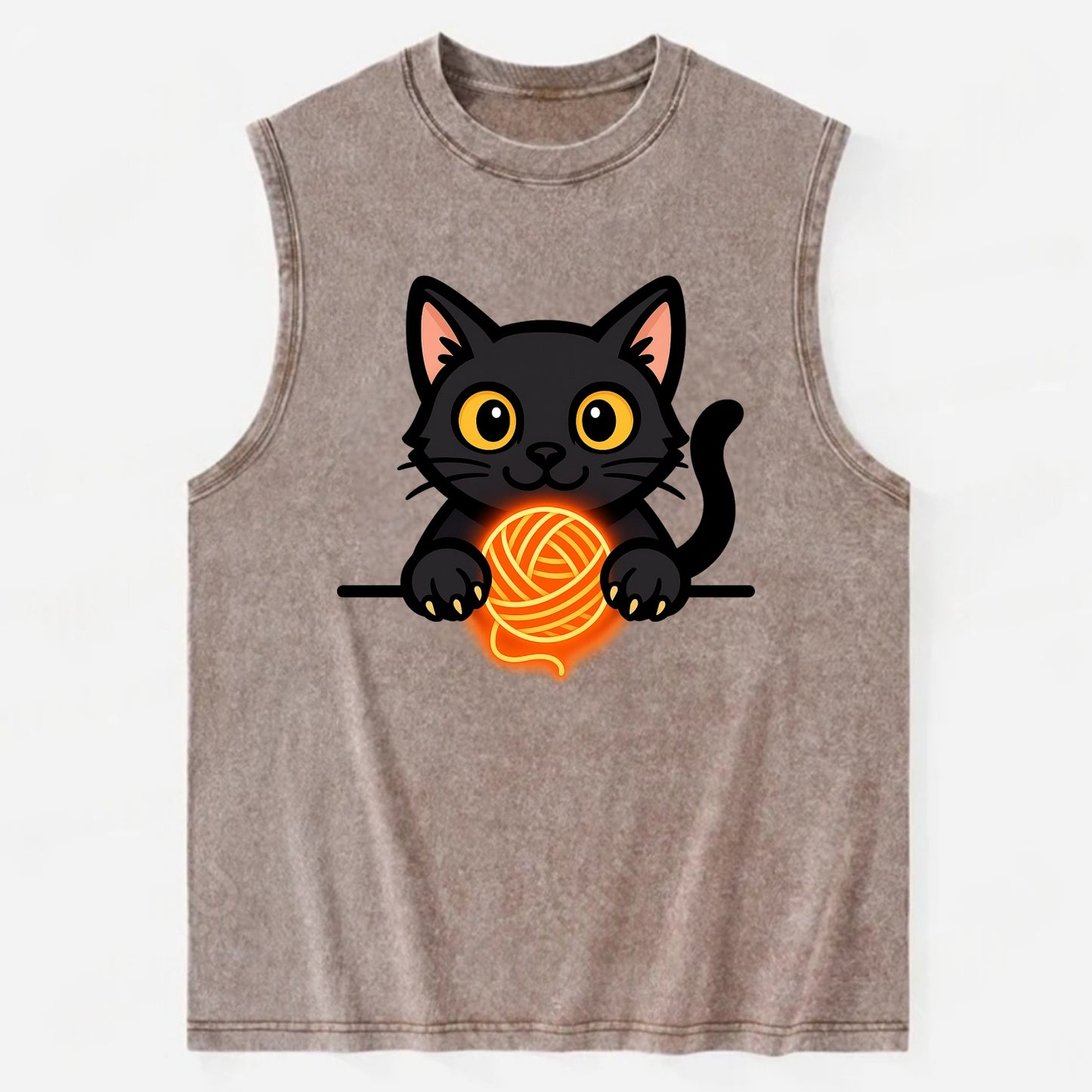 Midnight the black cat popping out of a gift box lid with ribbon trails. - Vintage Washed Tank - Brown