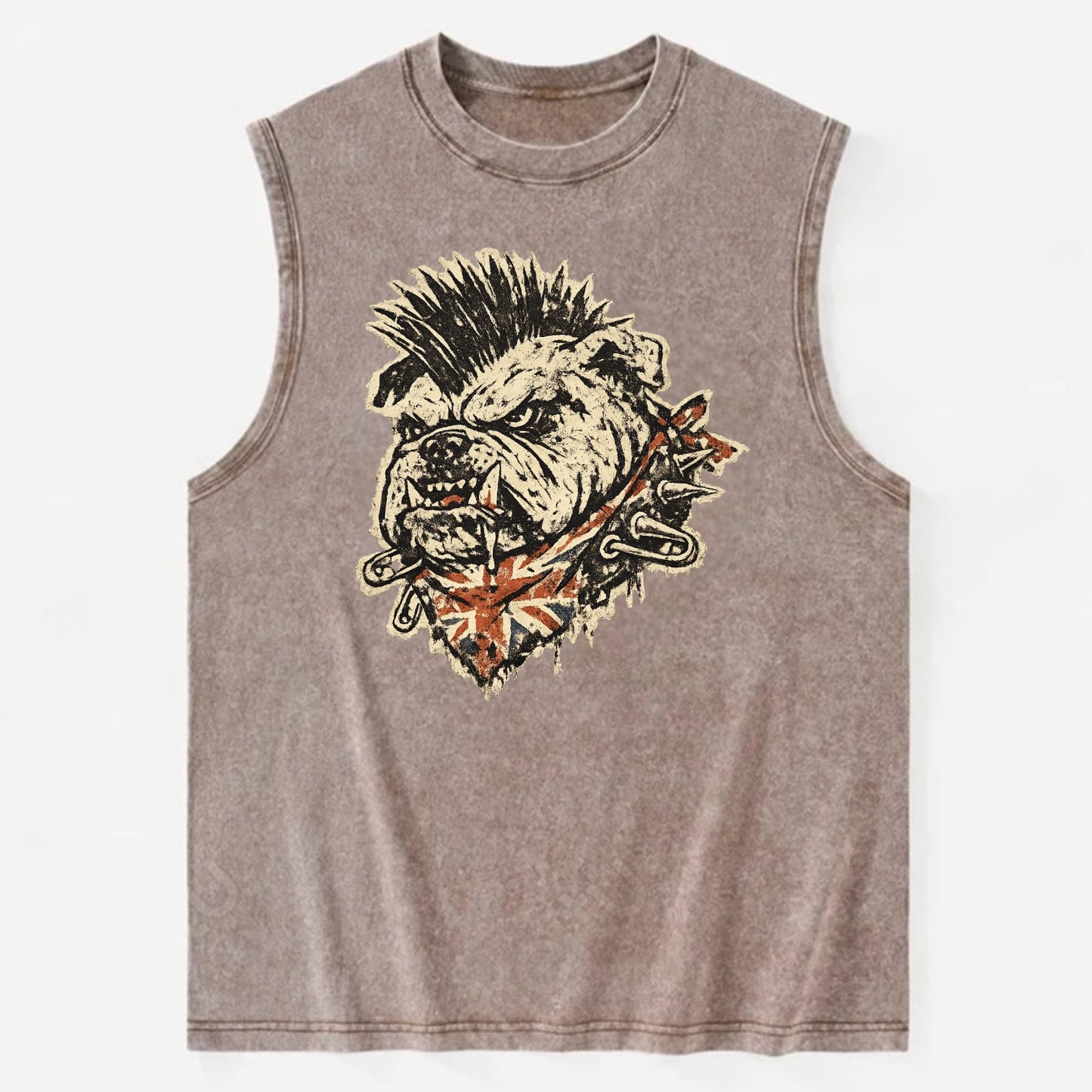 PUNK BULLDOG | British bulldog with mohawk | Safety pins through collar | - Vintage Washed Tank - Brown