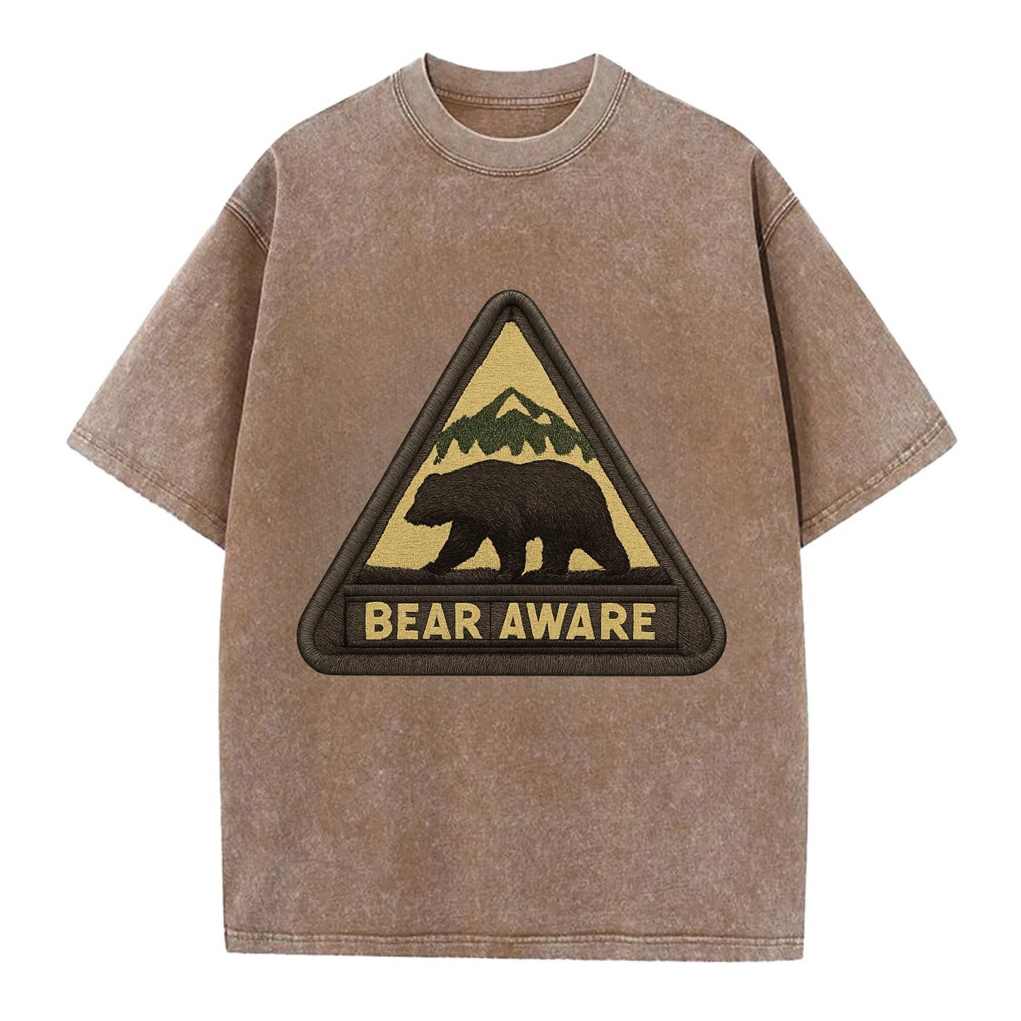 BEAR AWARE - bear silhouette warning in brown and yellow , wilderness safety - Vintage T-shirt - Brown