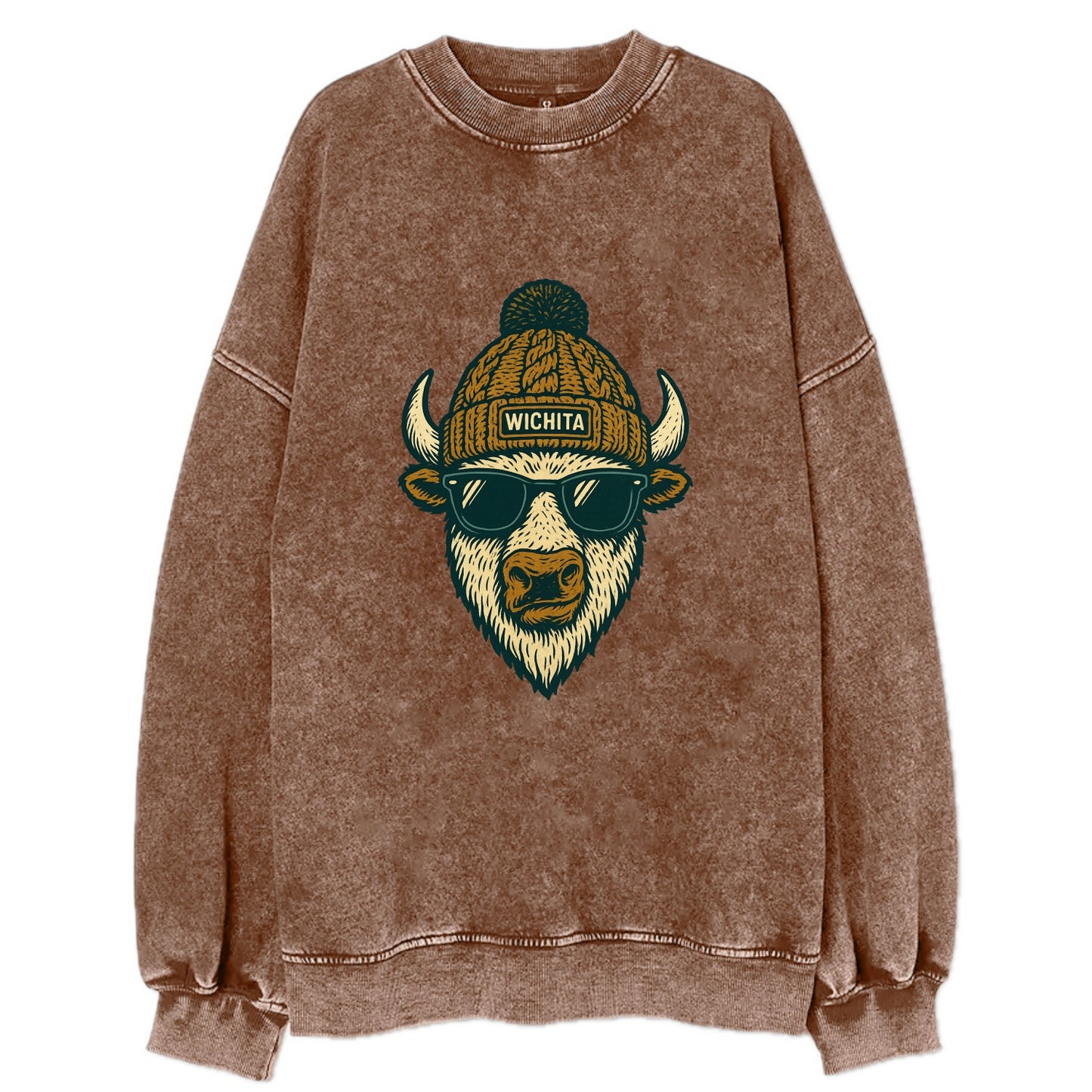 Kansas American Bison wearing Wichita beanie with pom pom and wayfarer - Vintage Sweatshirt - Brown
