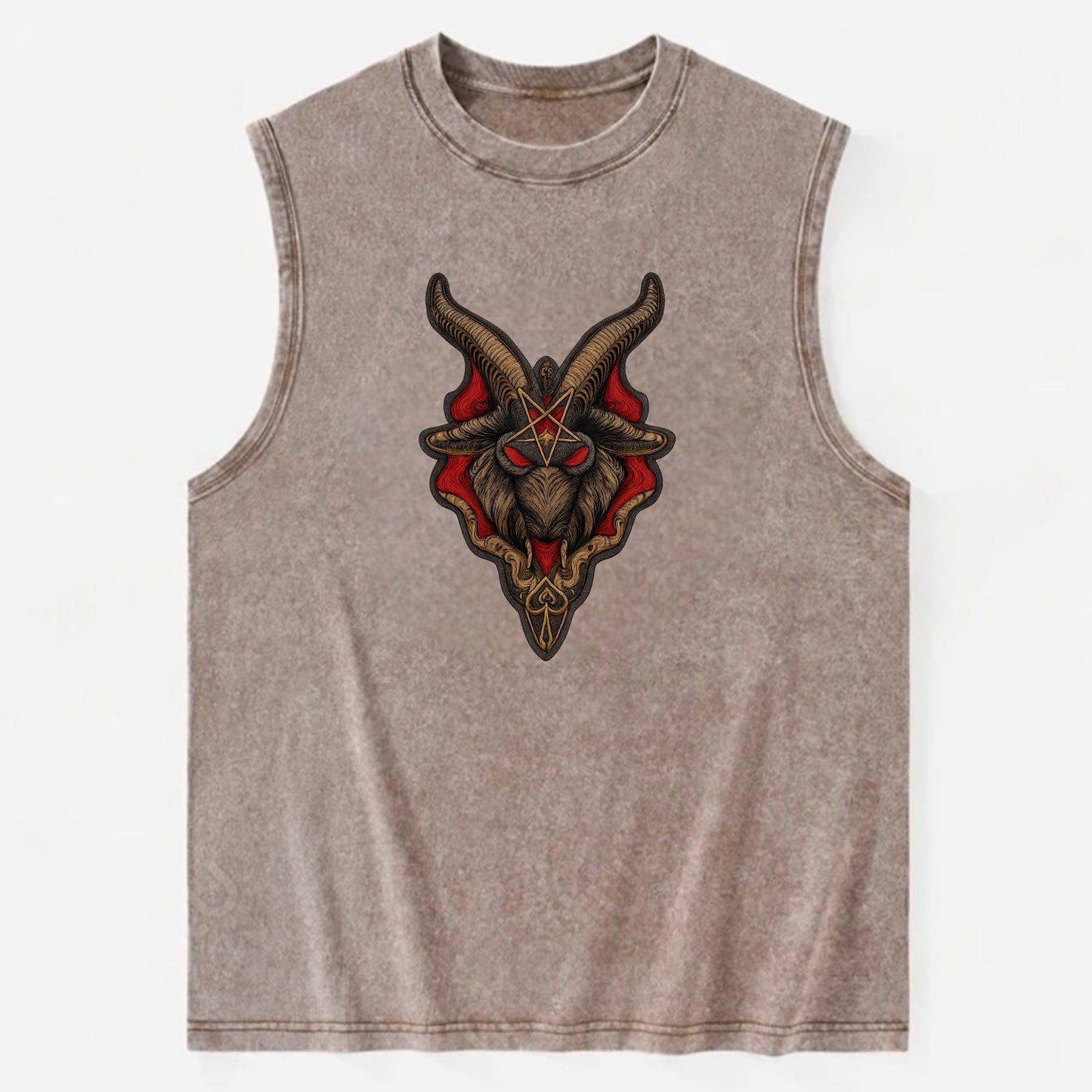 BAPHOMET HEAD - goat head symbol in black and red , occult - Vintage Washed Tank - Brown