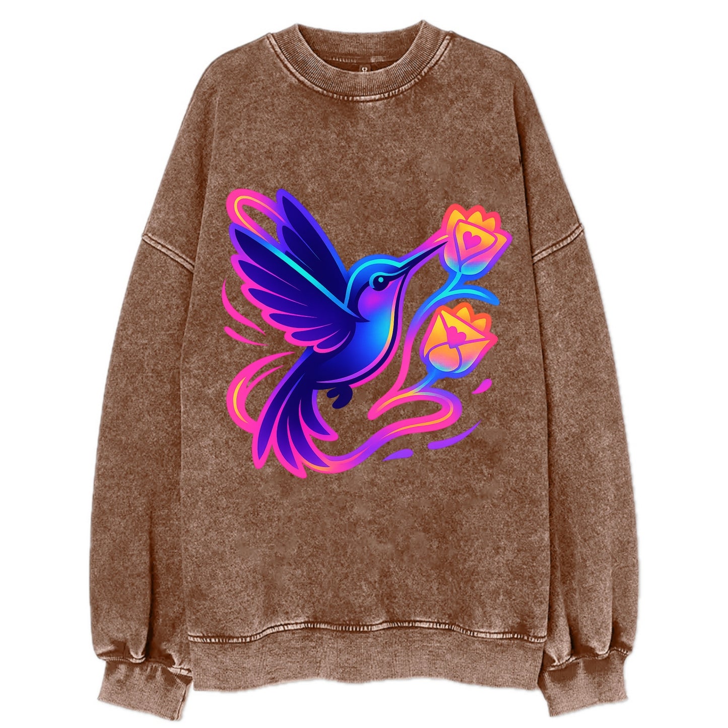 Hummingbird delivering miniature love letters tucked inside flower envelopes - Vintage Sweatshirt - Brown