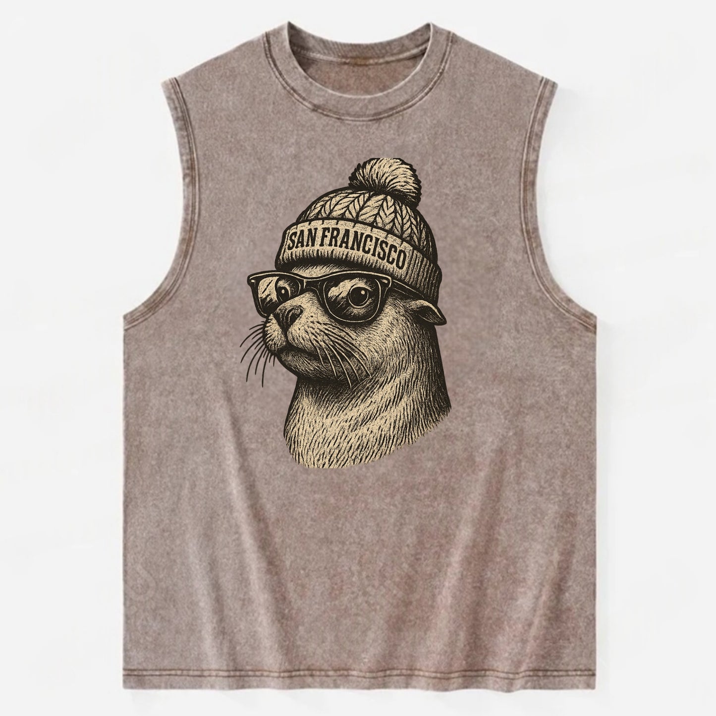 San Francisco Sea Lion wearing San Francisco beanie with pom pom and wayfarer - Vintage Washed Tank - Brown