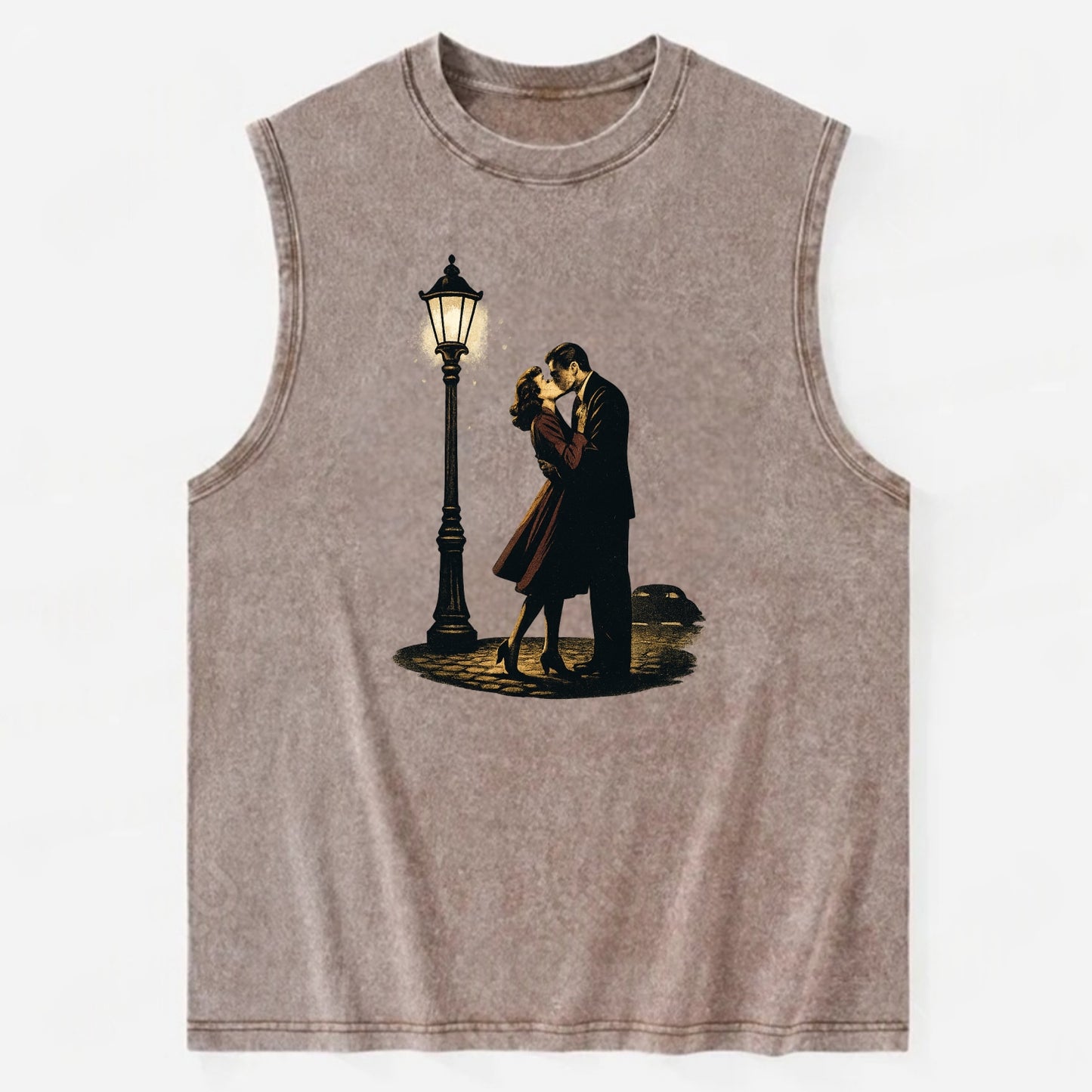 first kiss under vintage street lamp on cobblestone at night - Vintage Washed Tank - Brown