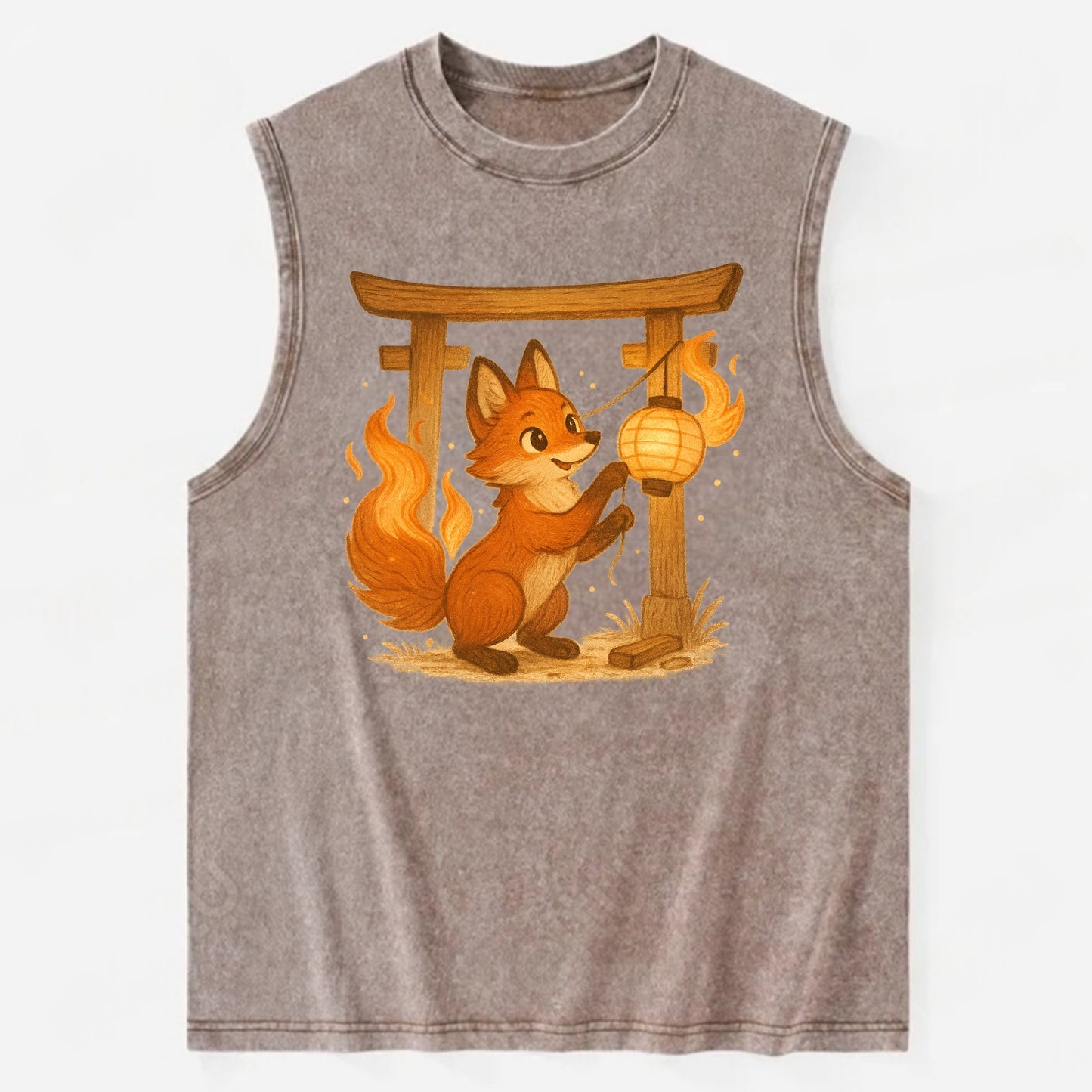 Foxfire kitsune stringing lanterns along a torii gate with tails of living - Vintage Washed Tank - Brown