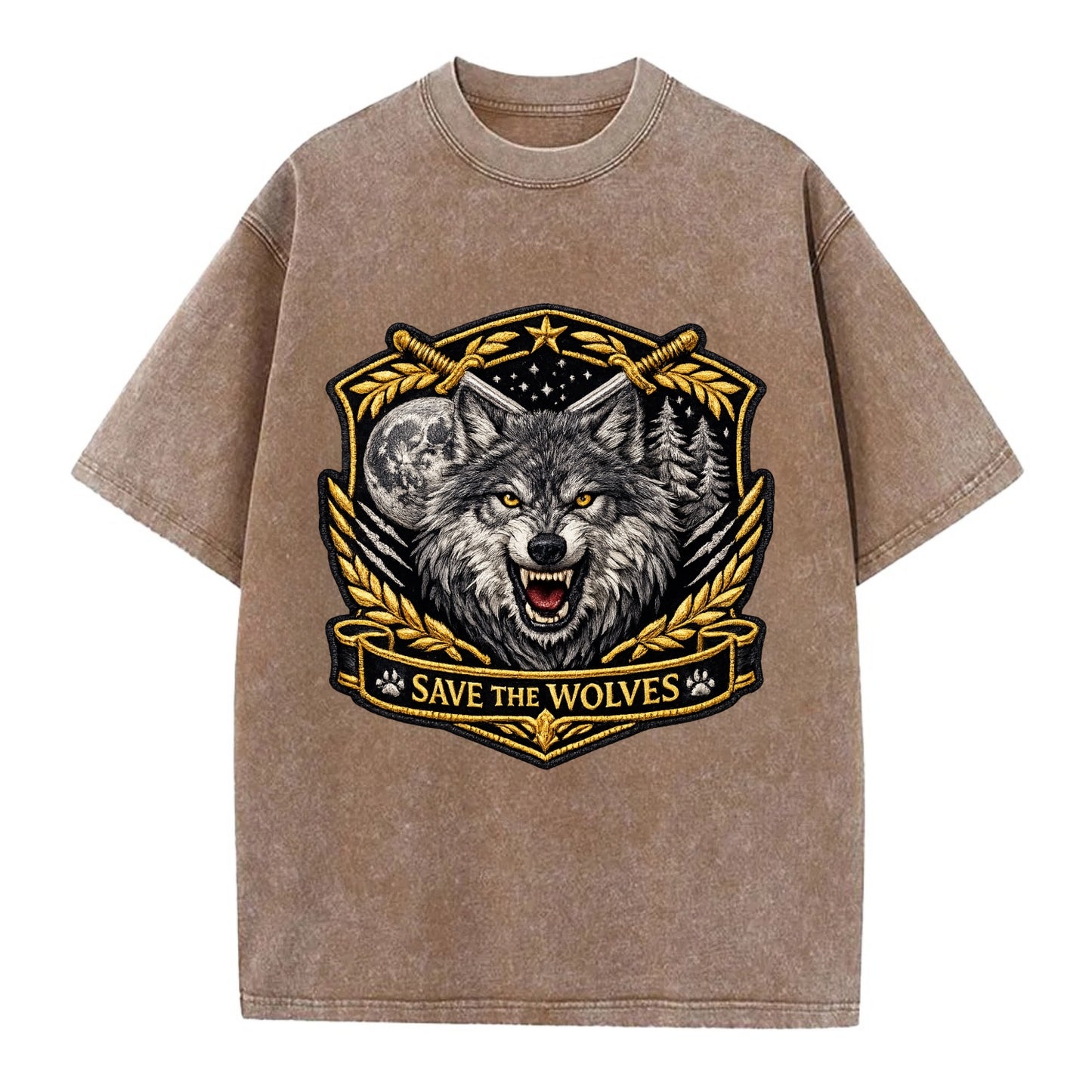 SAVE THE WOLVES - wolf moon in gray , predator protection - Vintage T-shirt - Brown