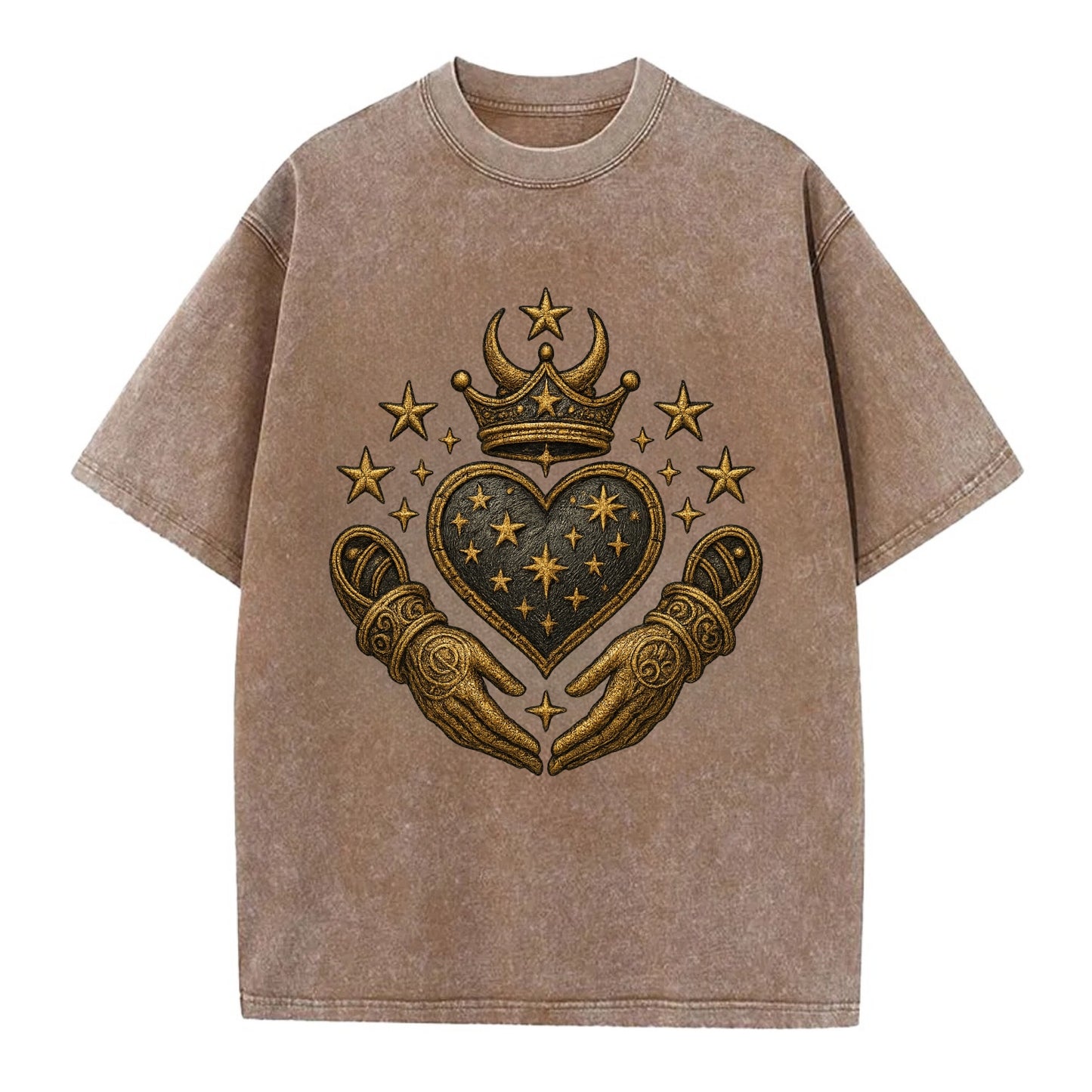 Weathered antique brass crown above a hammered gunmetal heart framed by ivy-woven - Vintage T-shirt - Brown