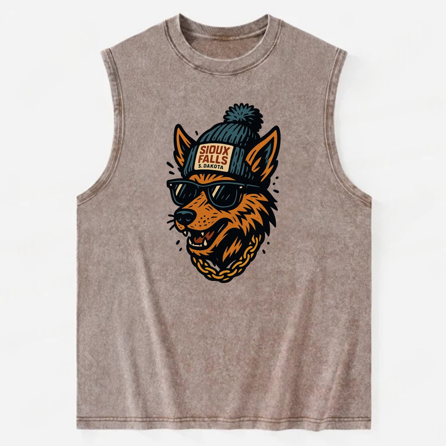 South Dakota Coyote wearing Sioux Falls beanie with pom pom and wayfarer - Vintage Washed Tank - Brown