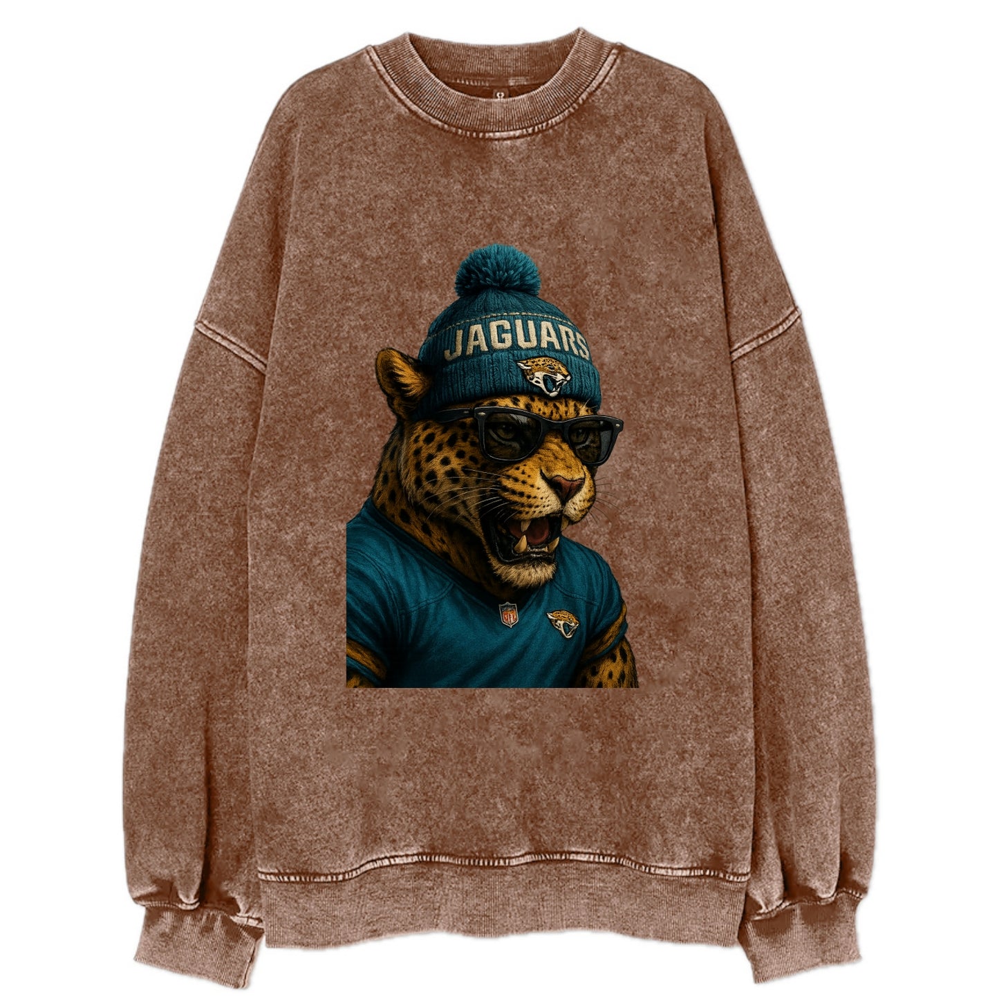 Jacksonville Jaguar wearing Jaguars teal and gold beanie with pom pom and - Vintage Sweatshirt - Brown