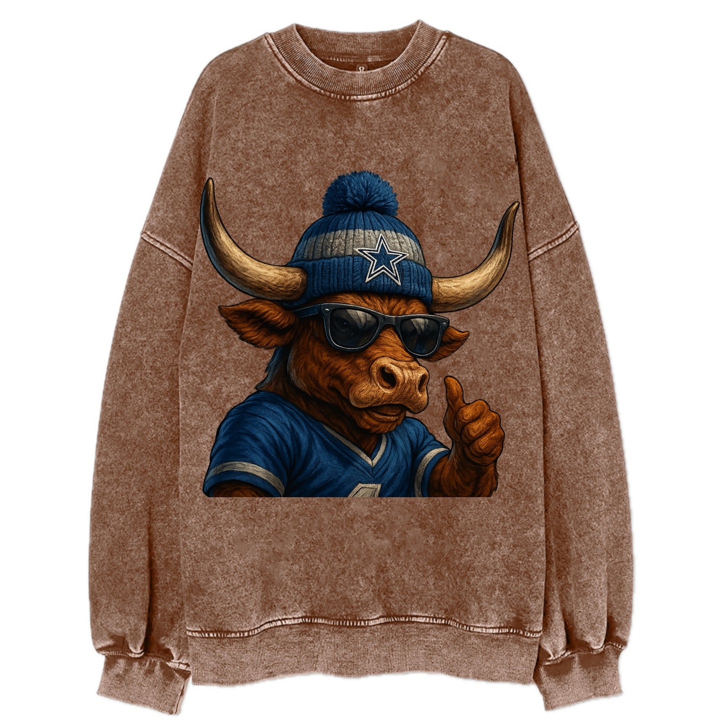 Texas Longhorn wearing Cowboys silver and blue beanie with star and wayfarer - Vintage Sweatshirt - Brown