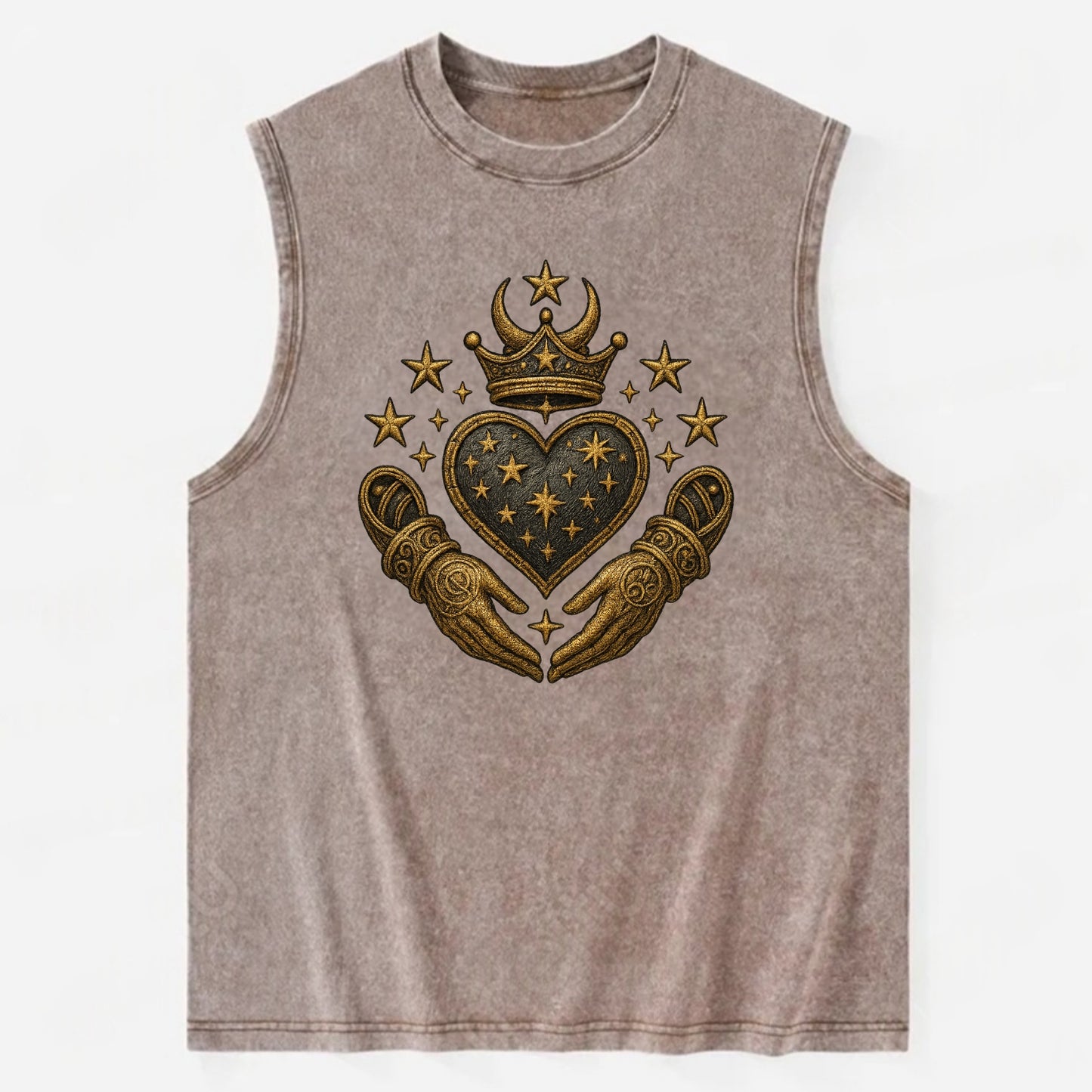 Weathered antique brass crown above a hammered gunmetal heart framed by - Vintage Washed Tank - Brown