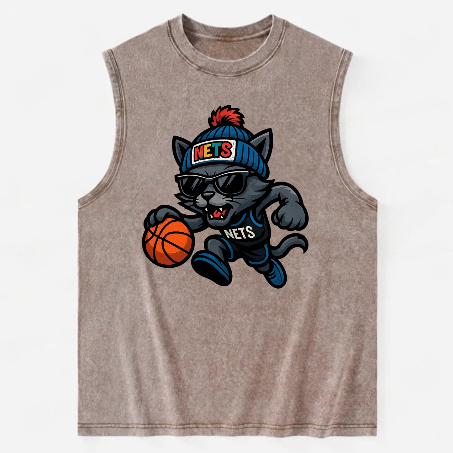 Brooklyn Cat wearing Nets beanie with street art patch and wayfarer sunglasses - Vintage Washed Tank - Brown