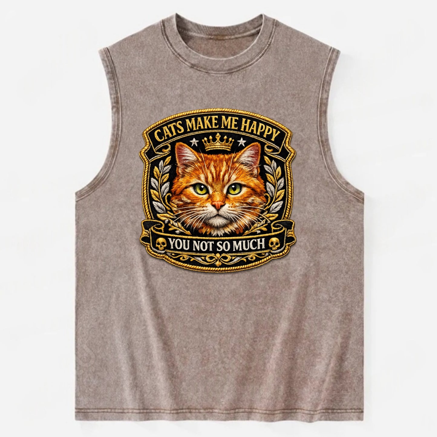CATS MAKE ME HAPPY YOU NOT SO MUCH - cat face in orange , cat preference - Vintage Washed Tank - Brown