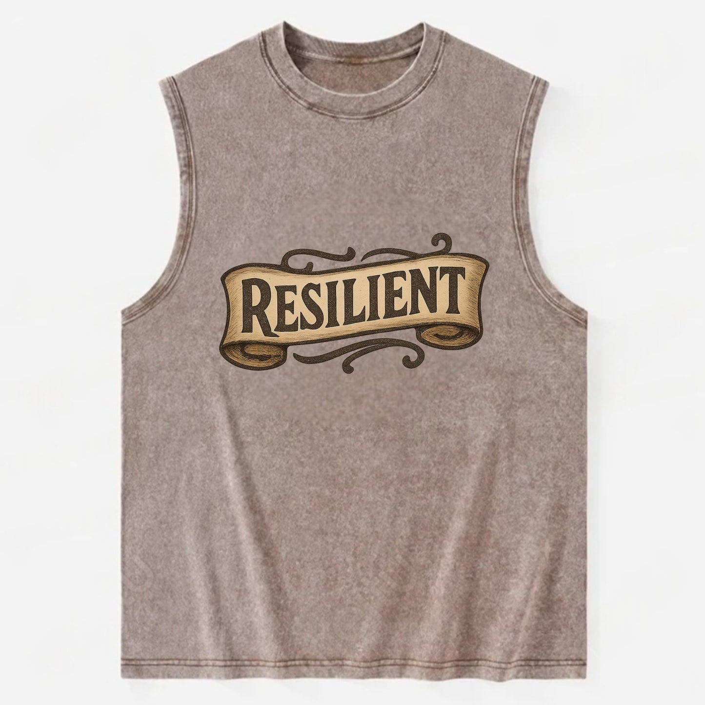 Bold typography design - "RESILIENT" - bouncing back, unbreakable spirit - Vintage Washed Tank - Brown