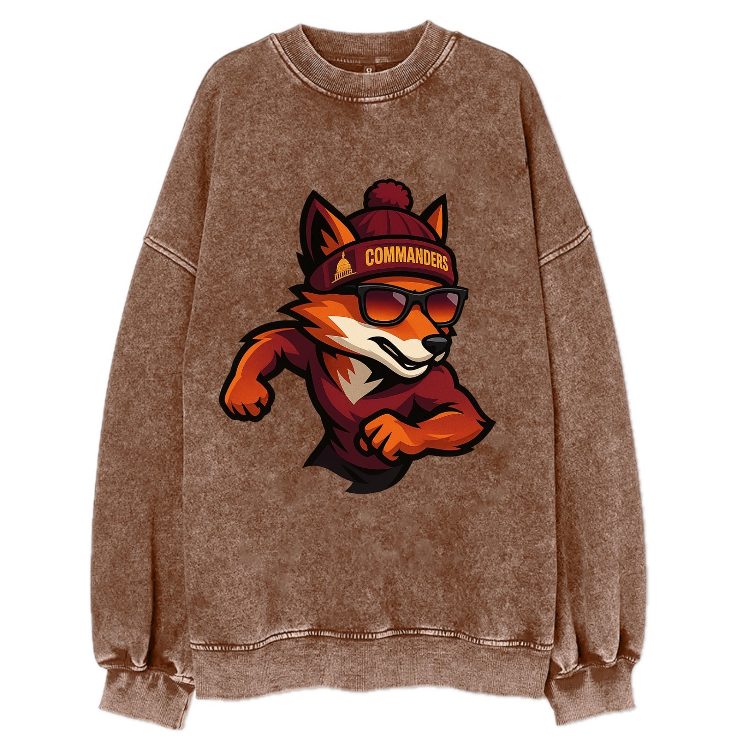 Washington Fox wearing Commanders beanie with Capitol patch and wayfarer - Vintage Sweatshirt - Brown