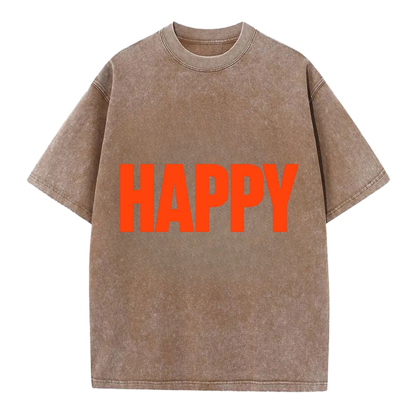 Bold typography design - "HAPPY" - joyful, content, pleased - Vintage T-shirt - Brown