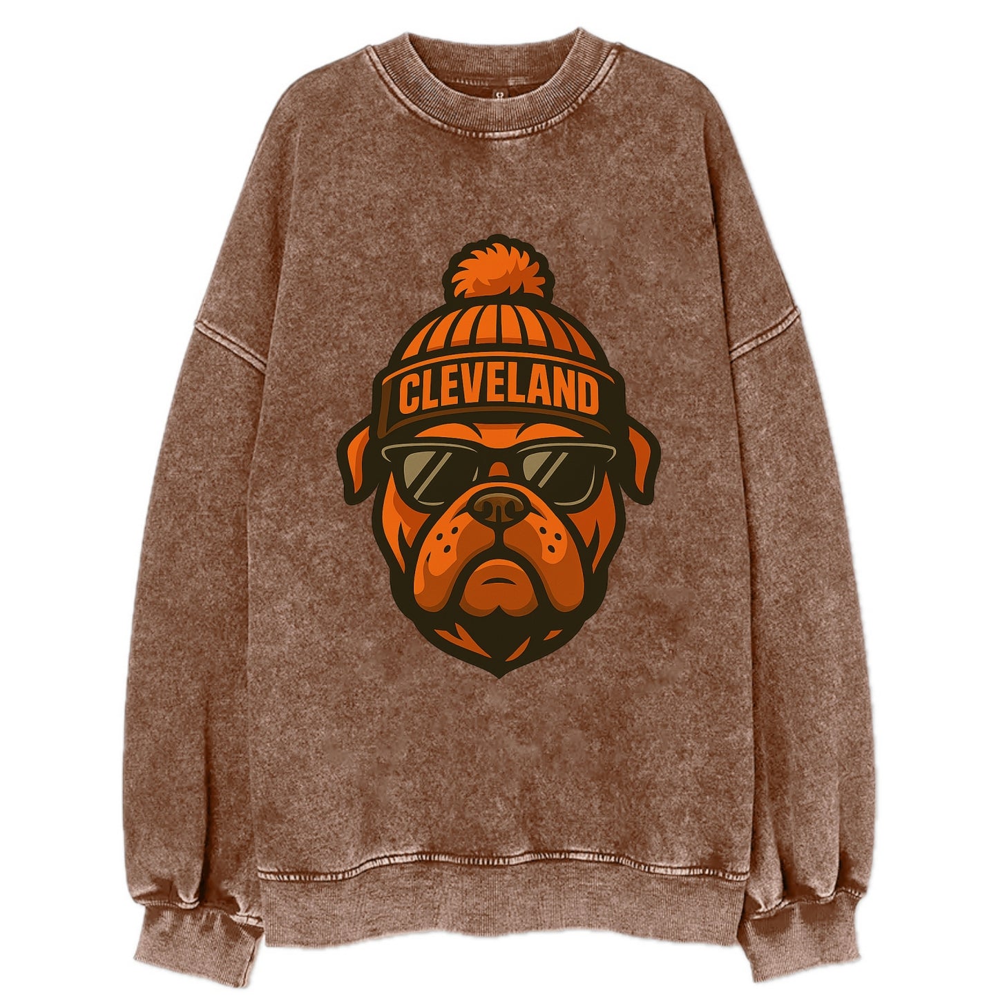 Cleveland Bulldog wearing Browns orange and brown beanie with pom pom and - Vintage Sweatshirt - Brown
