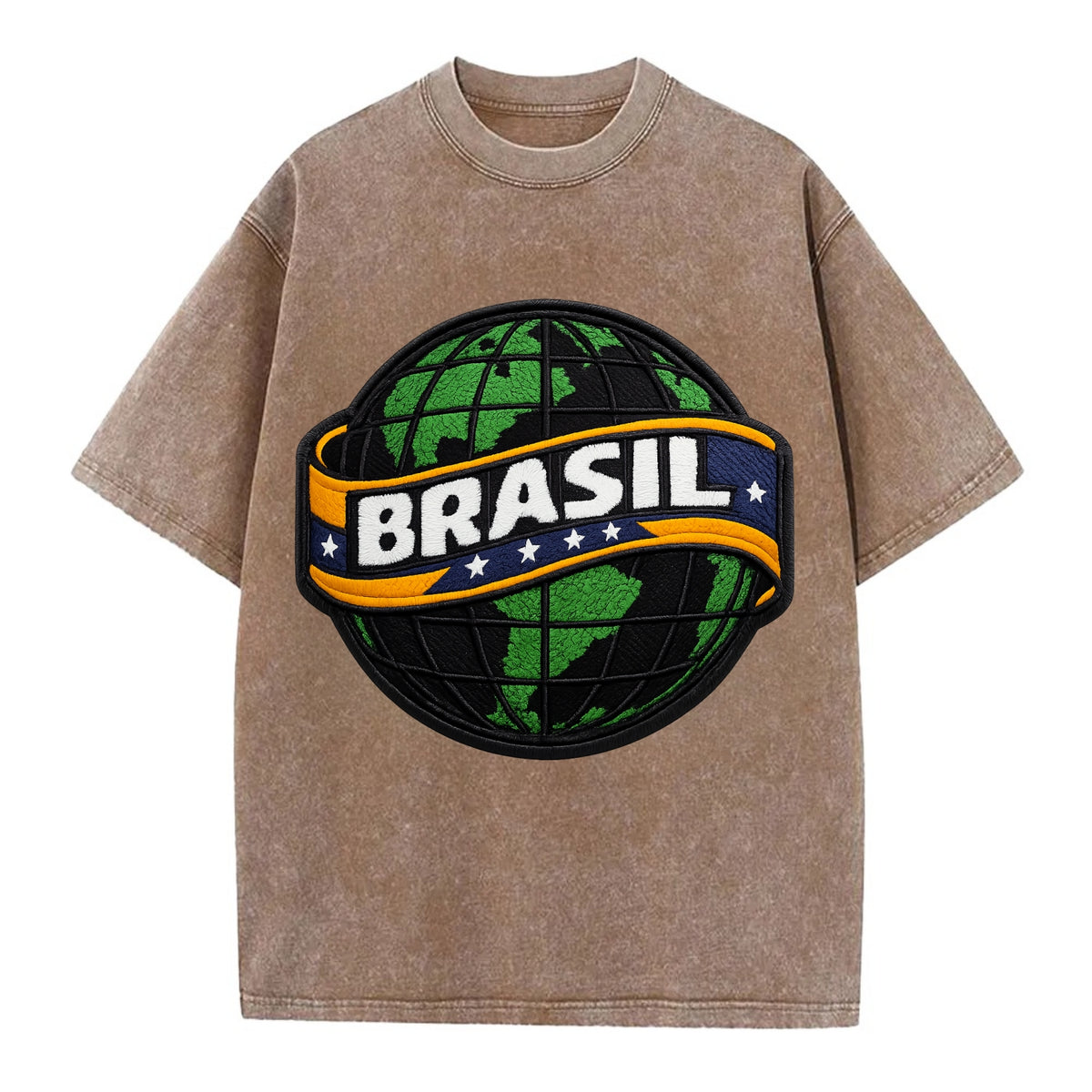 BRAZILIAN FLAG GLOBE - green globe with banner in green yellow blue , Brasil - Vintage T-shirt - Brown