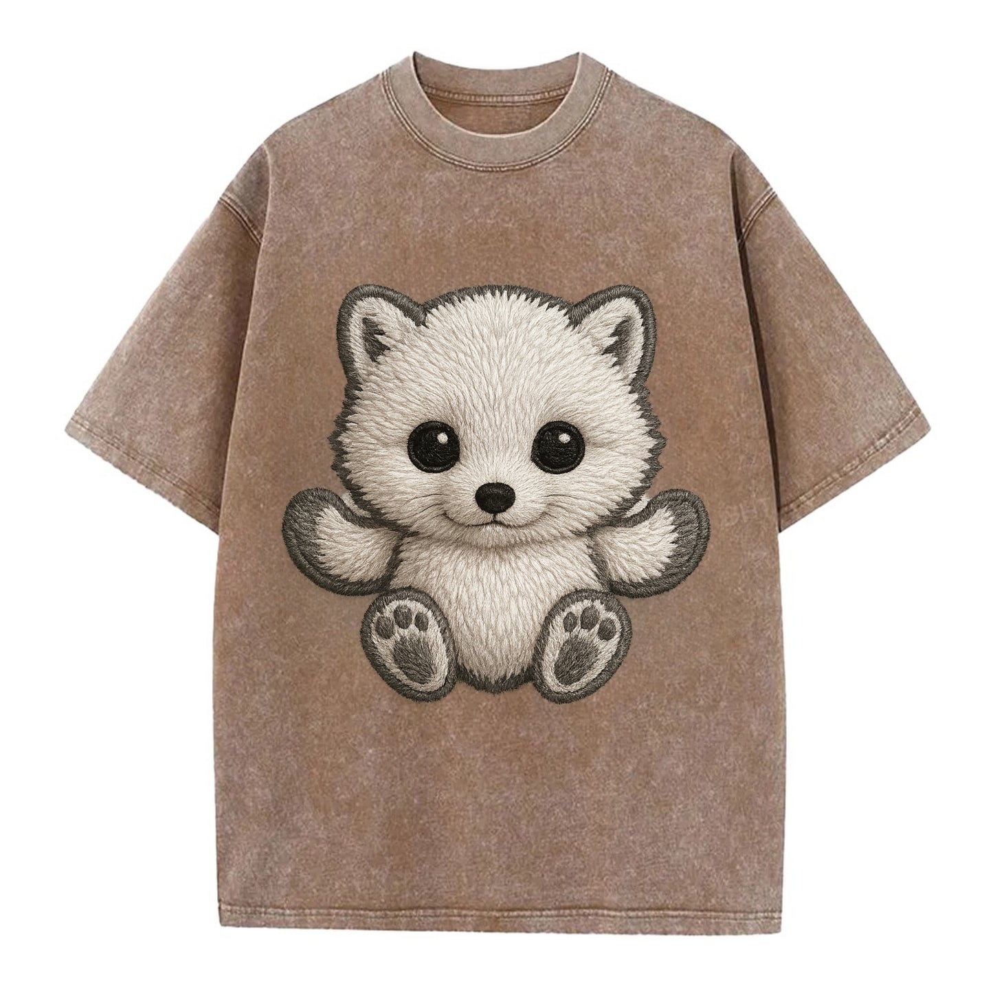 Baby Arctic Fox - white fluffy, tiny black nose, bright curious eyes, - Vintage T-shirt - Brown