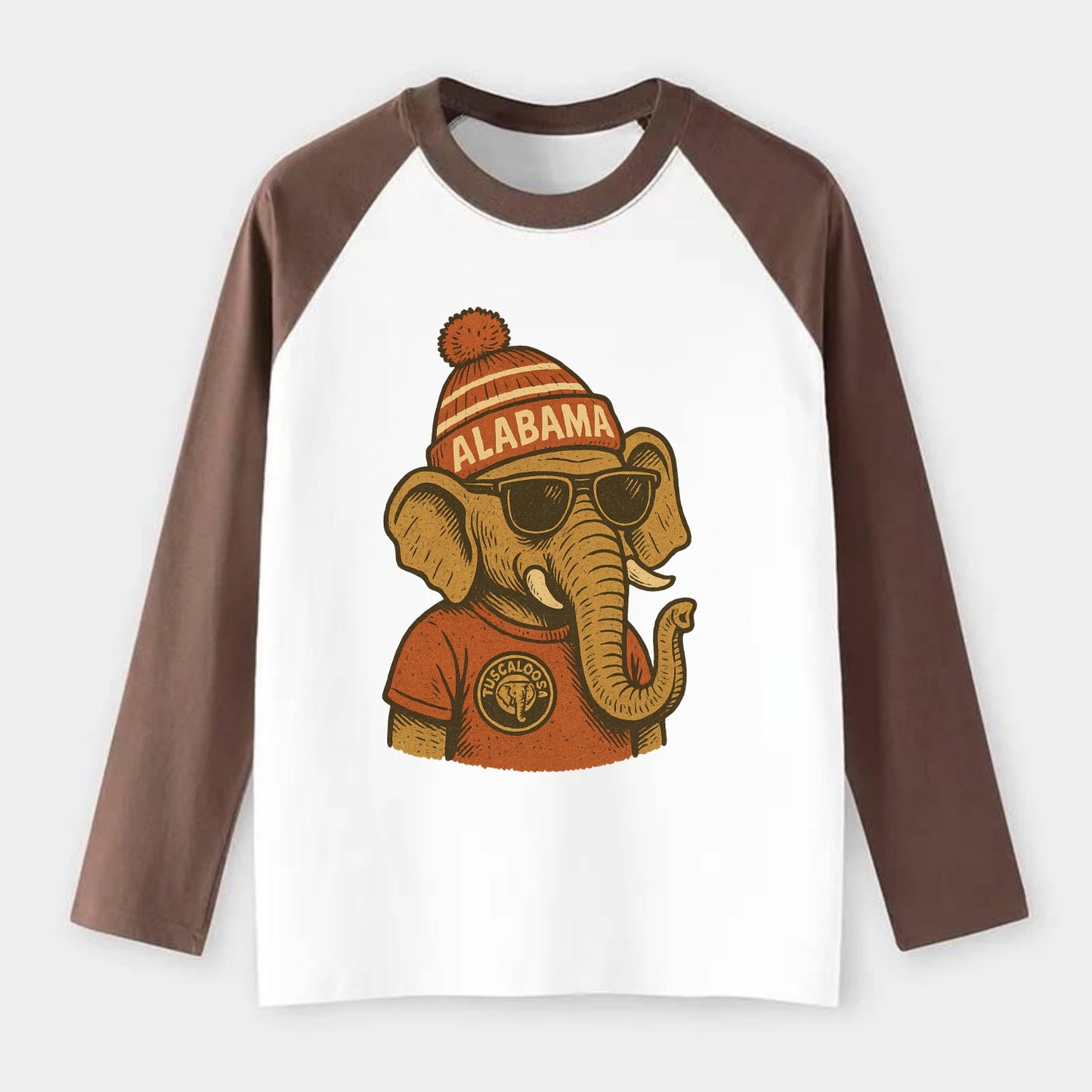 Tuscaloosa Crimson Elephant wearing Alab - Raglan Long Sleeve T-Shirt - Coffee