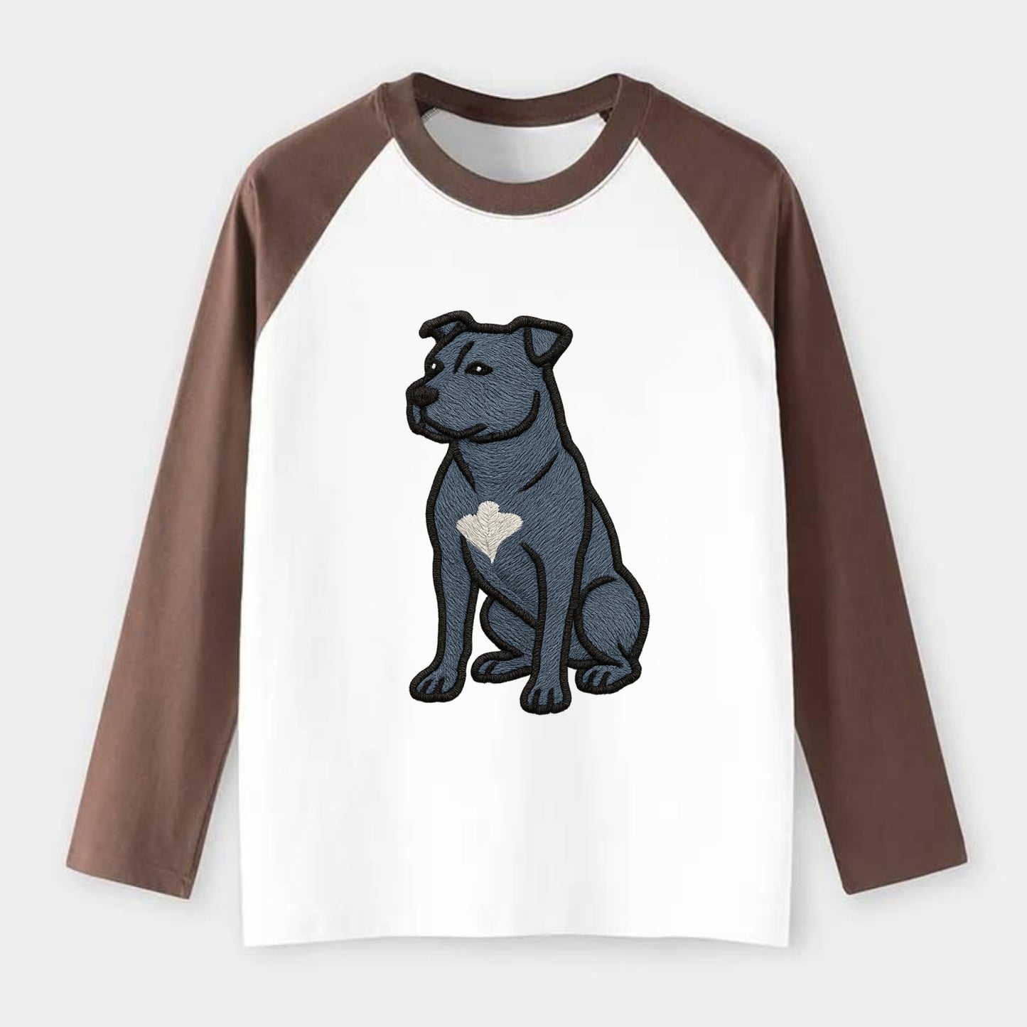American Staffordshire Terrier - Blue embroidered design - Raglan Long Sleeve T-Shirt - Coffee