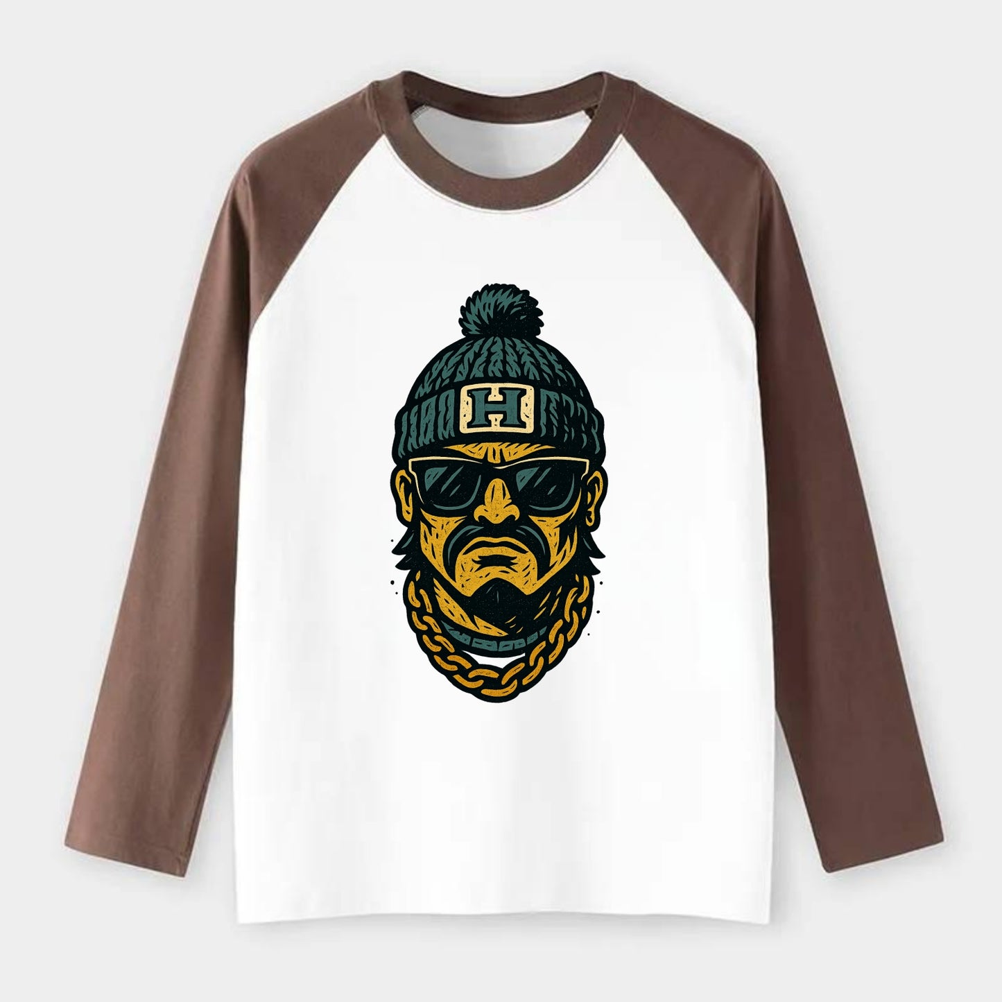 Honolulu Warrior wearing Hawaii beanie with H patch - Raglan Long Sleeve T-Shirt - Coffee