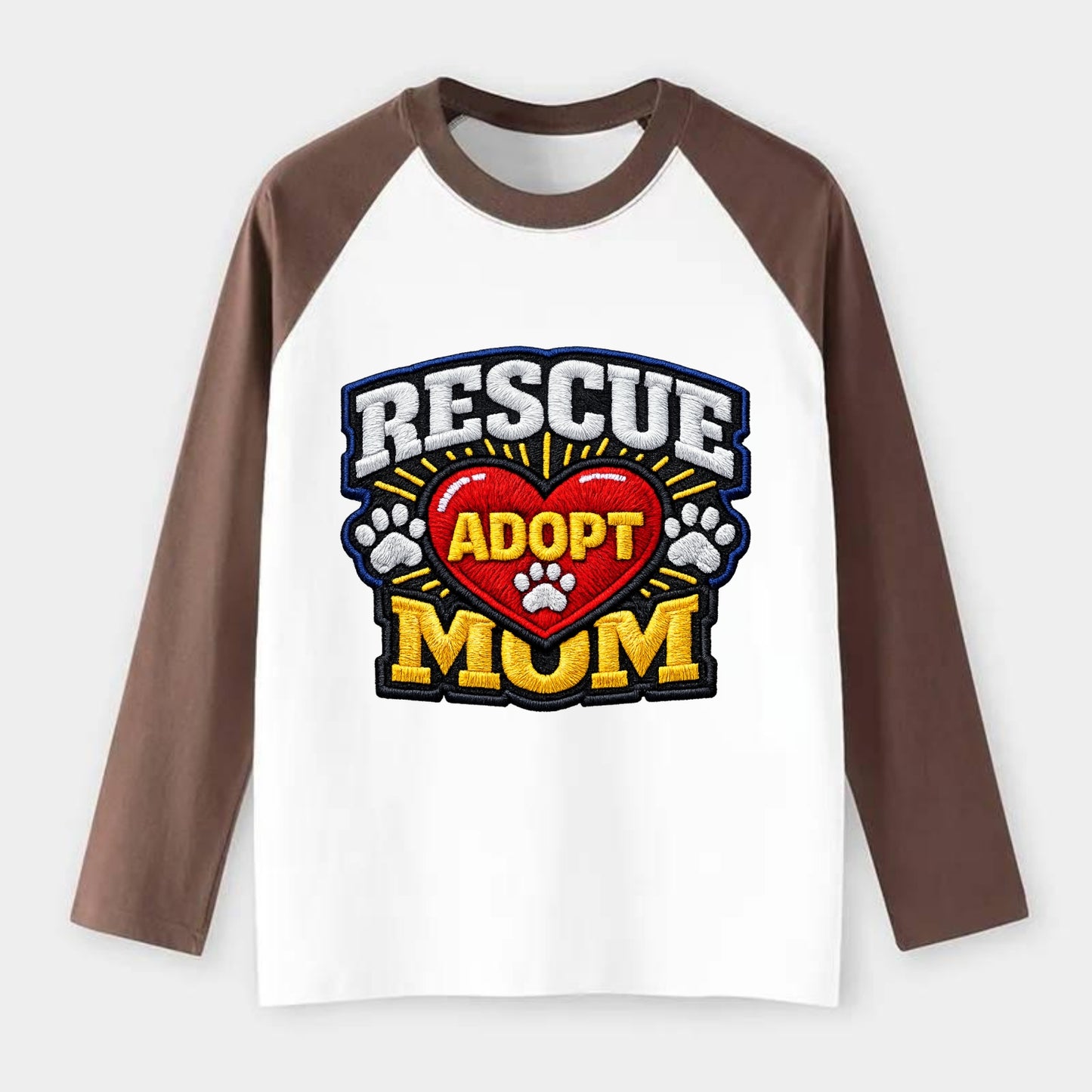 RESCUE MOM - heart with ADOPT text in red , shelter advocate - Raglan Long Sleeve T-Shirt - Coffee