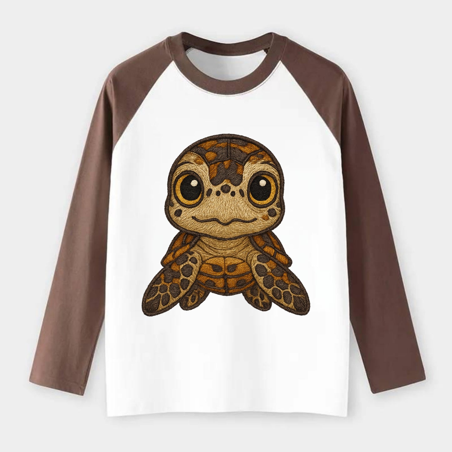 Baby Hawksbill Turtle - amber and brown shell pattern, curious golden - Raglan Long Sleeve T-Shirt - Coffee