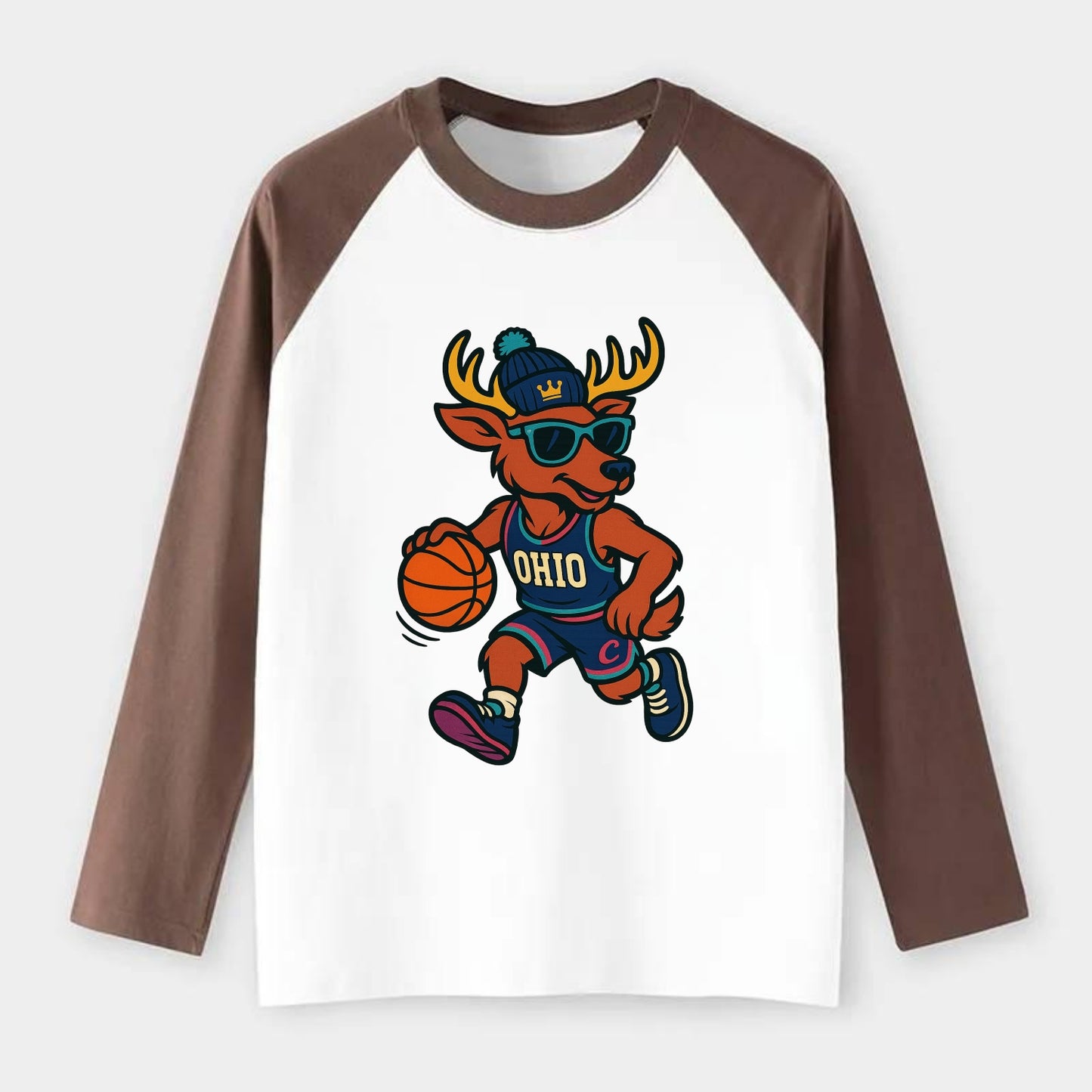 Ohio Deer wearing Cavs beanie with crown patch and wayfarer sunglasses - Raglan Long Sleeve T-Shirt - Coffee