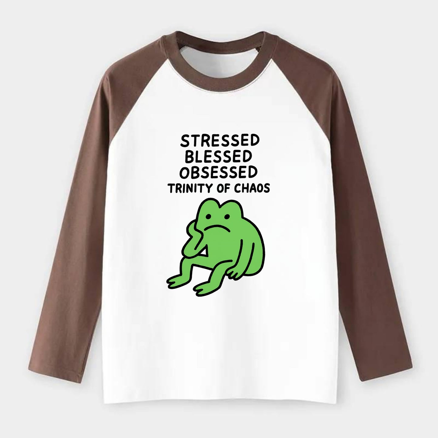 STRESSED BLESSED OBSESSED | Trinity of chaos - Raglan Long Sleeve T-Shirt - Coffee