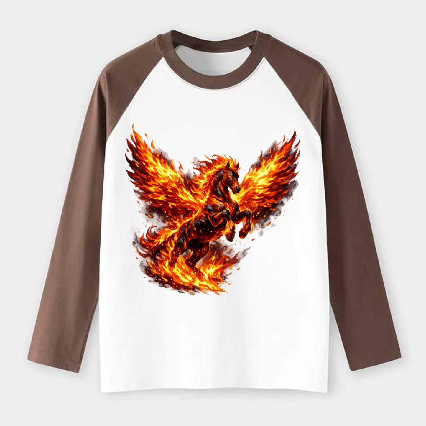 PHOENIX FIRE HORSE | Horse emerging from flames like phoenix | Rebirth - Raglan Long Sleeve T-Shirt - Coffee
