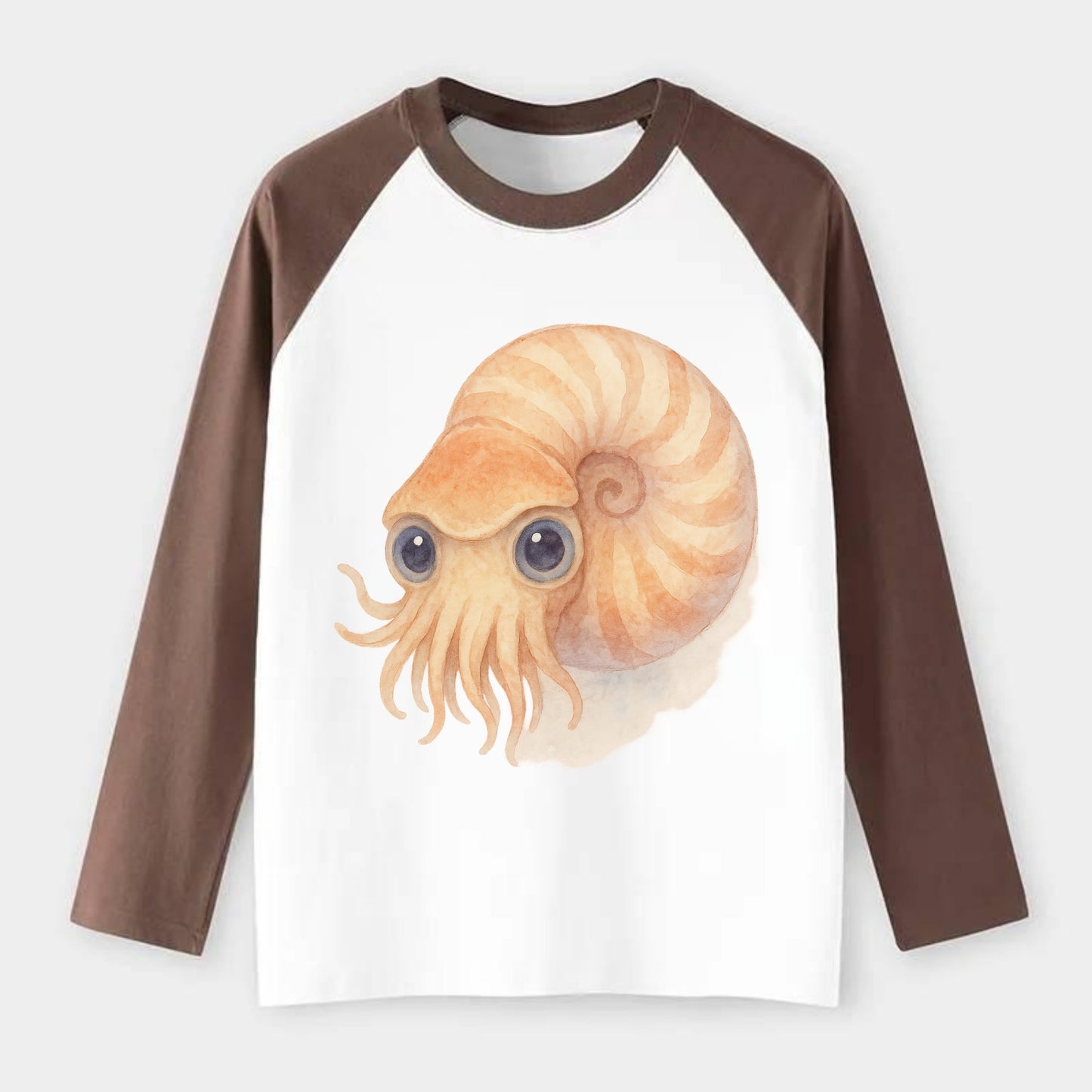 Baby Nautilus - spiral shell, tentacles peeking, ancient eyes, - Raglan Long Sleeve T-Shirt - Coffee