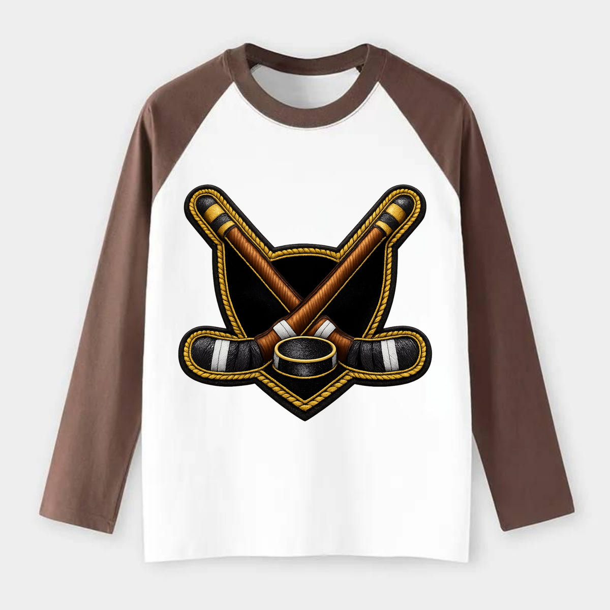 Embroidered patch design - HOCKEY CROSSED STICKS - ice hockey sticks - Raglan Long Sleeve T-Shirt - Coffee
