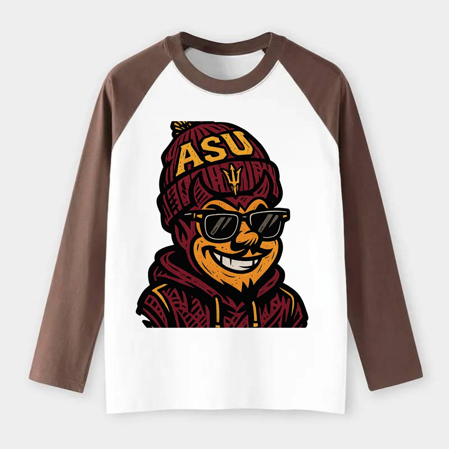 Tempe Sparky wearing Arizona State beanie with fork patch - Raglan Long Sleeve T-Shirt - Coffee