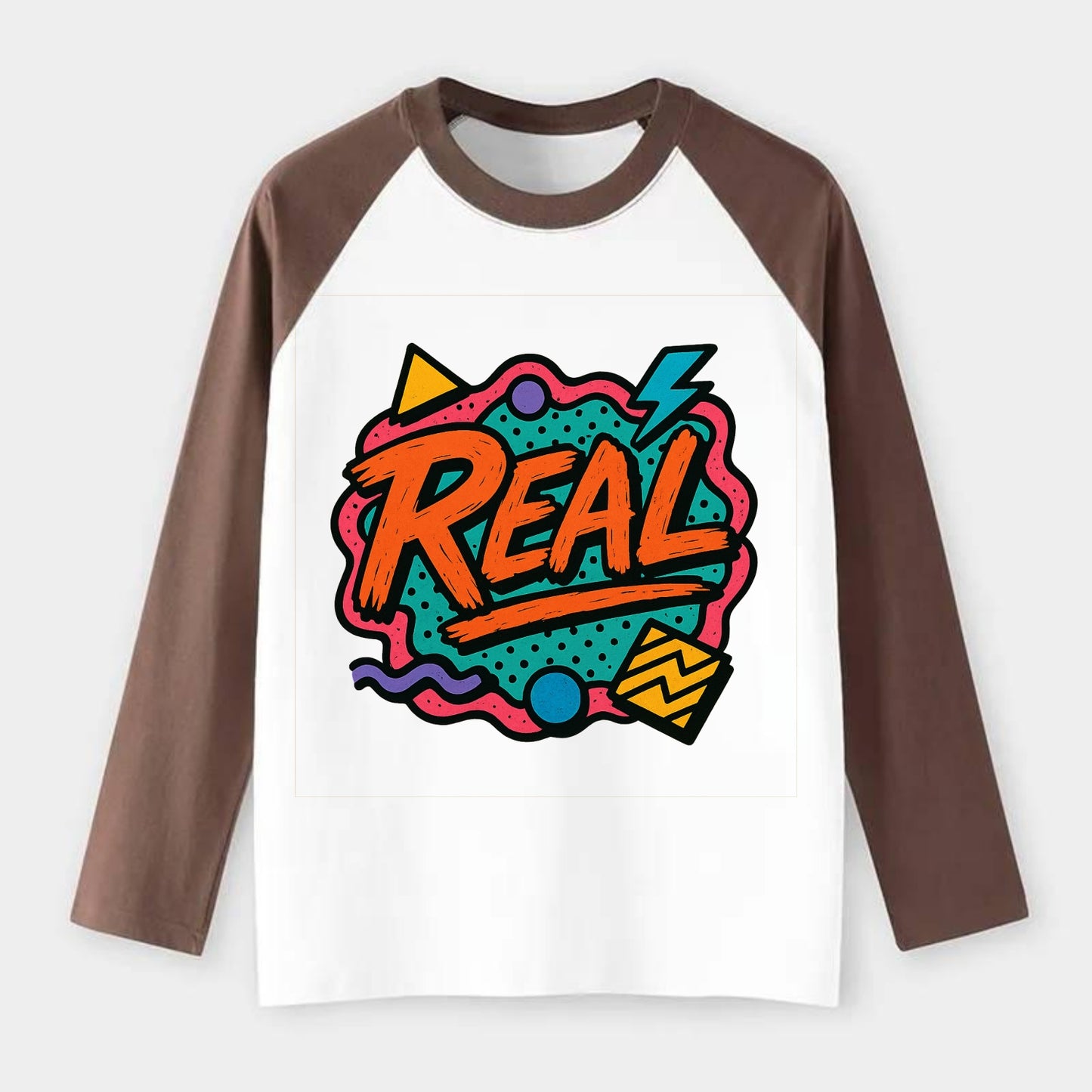 Imperfect brush strokes spelling "Real" - authenticity over - Raglan Long Sleeve T-Shirt - Coffee