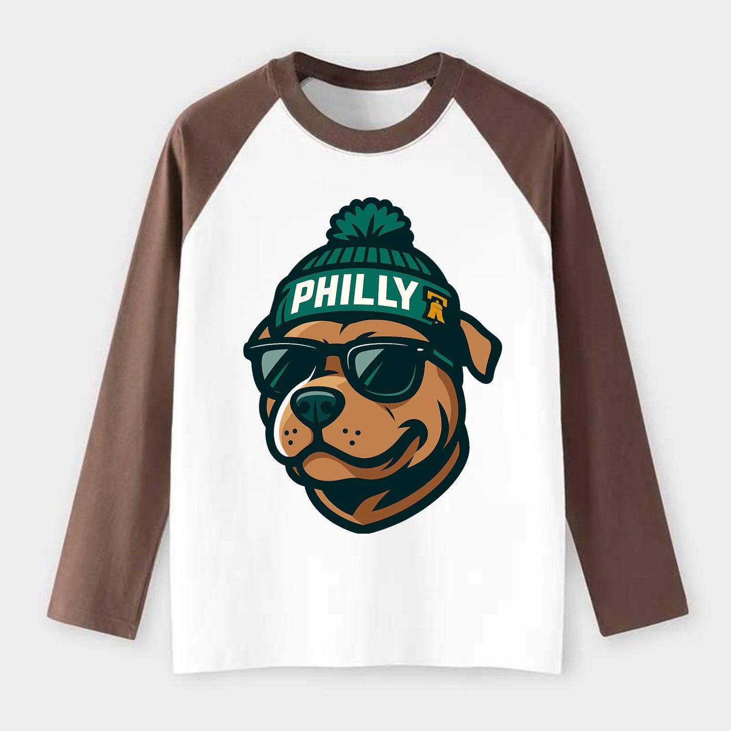 Philly Pitbull wearing Eagles beanie with Liberty Bell patch and - Raglan Long Sleeve T-Shirt - Coffee