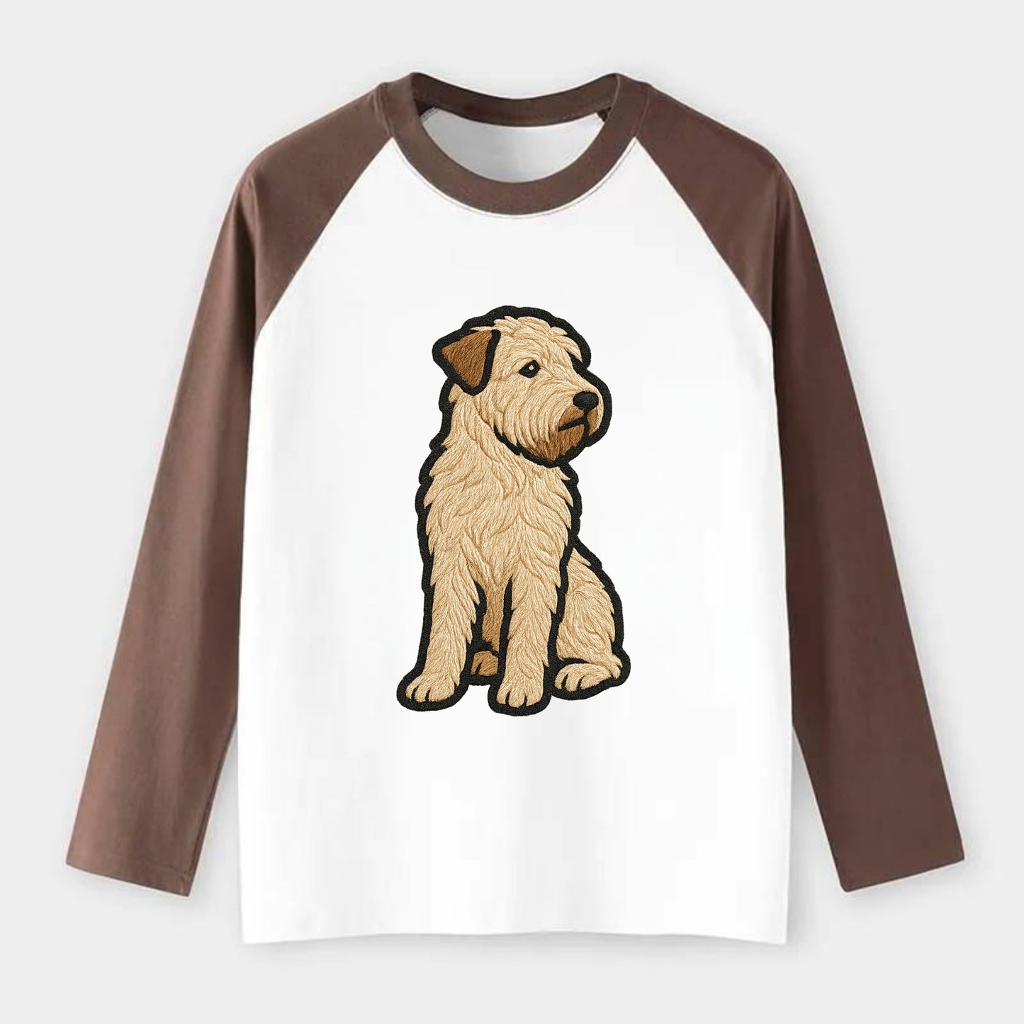 Soft Coated Wheaten Terrier - Light tan flowing coat embroidered pose - Raglan Long Sleeve T-Shirt - Coffee