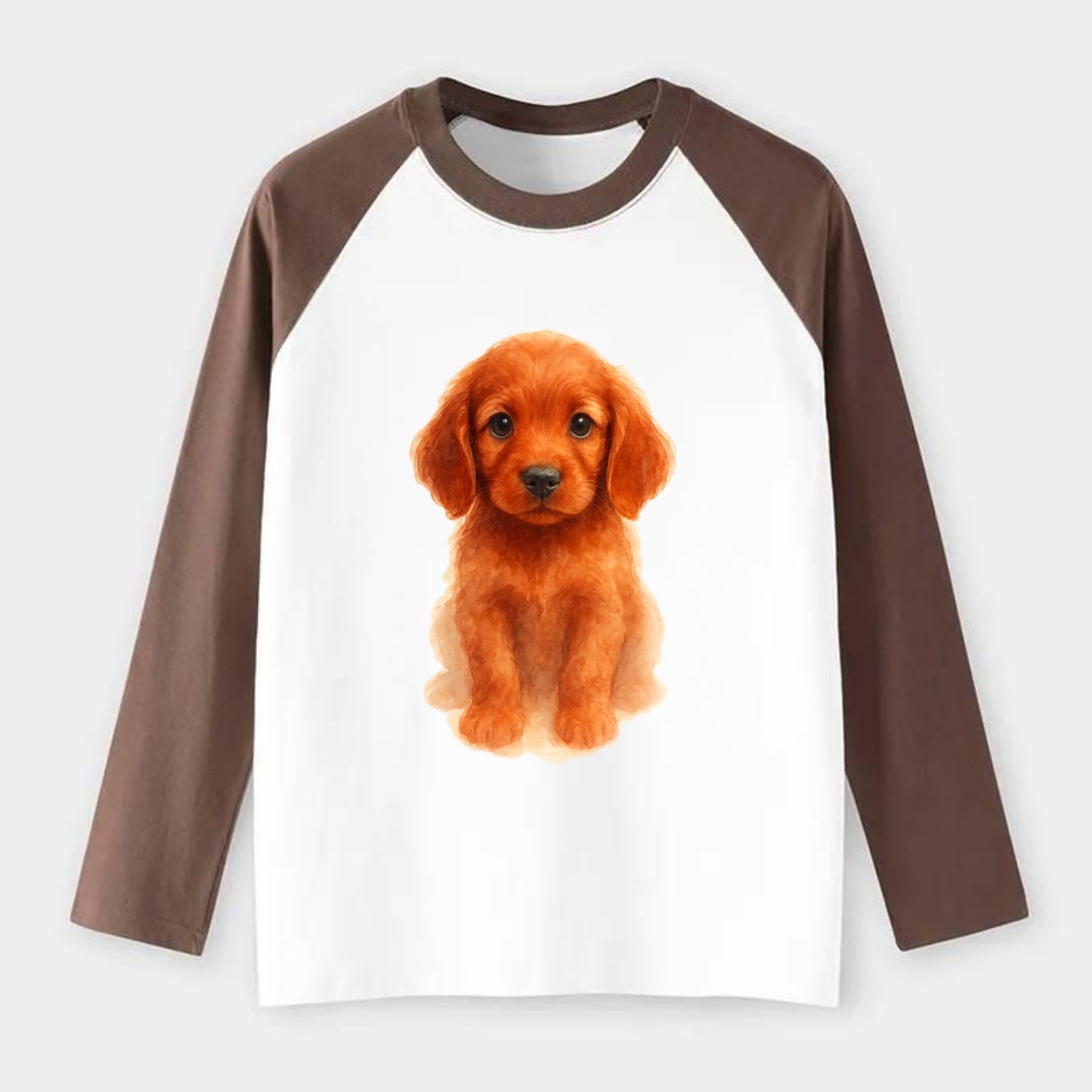 Baby Irish Setter Puppy - mahogany red coat, feathered ears, friendly - Raglan Long Sleeve T-Shirt - Coffee