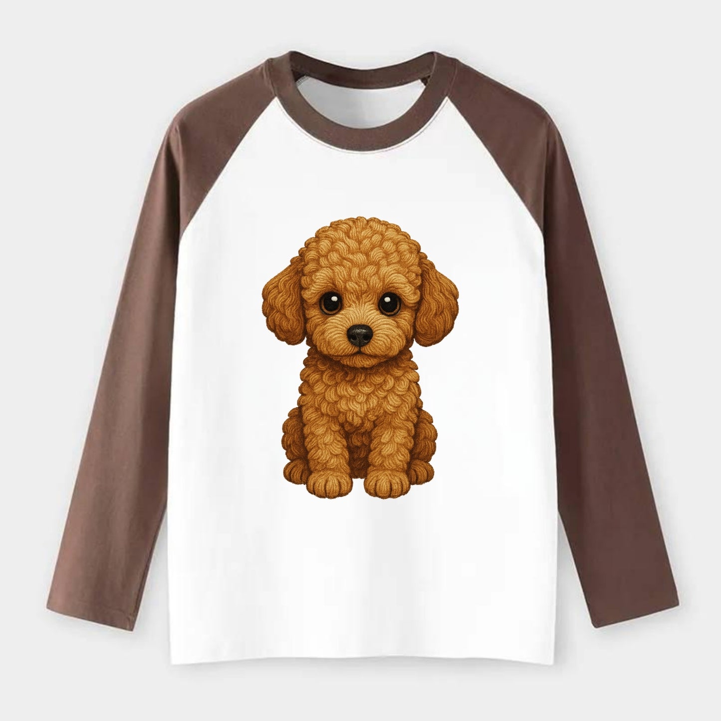 Baby Poodle Puppy - curly fluffy coat, intelligent eyes, elegant - Raglan Long Sleeve T-Shirt - Coffee