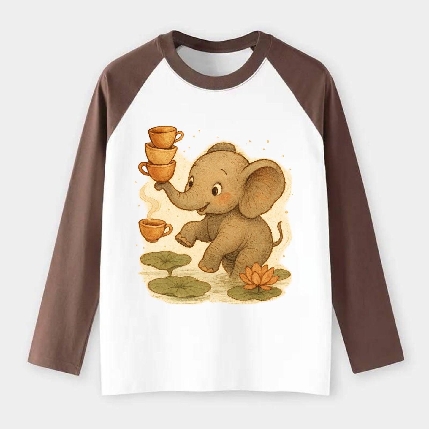 Elephant balancing teacups during a floating tea ceremony beside lotus - Raglan Long Sleeve T-Shirt - Coffee
