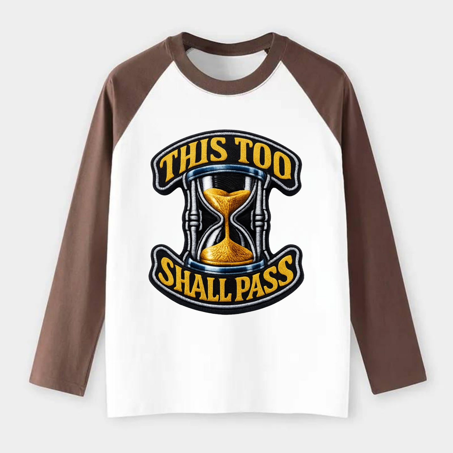 THIS TOO SHALL PASS - hourglass with text in gold , perspective - Raglan Long Sleeve T-Shirt - Coffee
