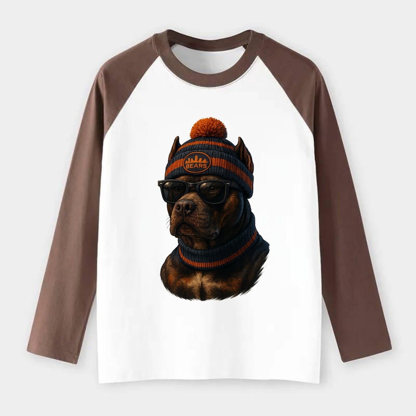 Chicago Pitbull wearing Bears beanie with skyline patch and wayfarer - Raglan Long Sleeve T-Shirt - Coffee