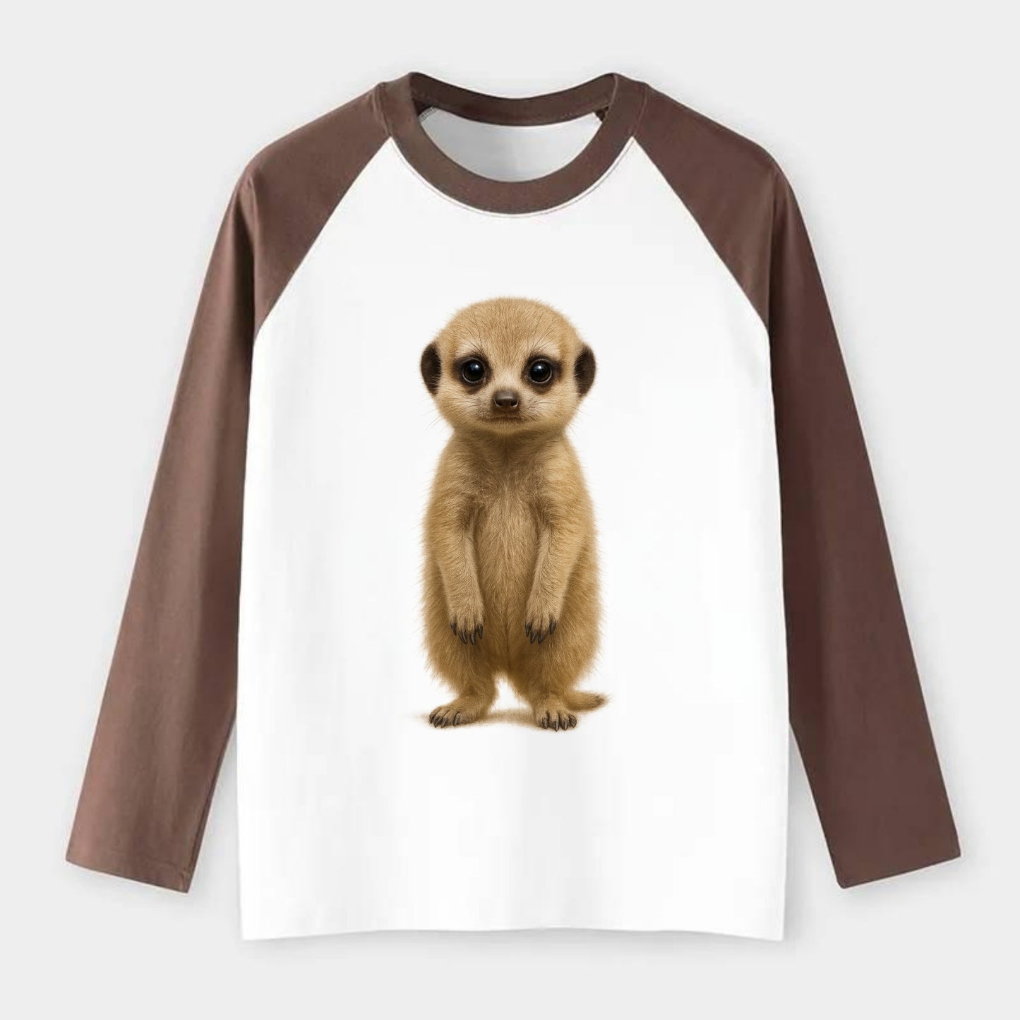 Baby Meerkat - tan fur, dark eye patches, alert stance, bright eyes, - Raglan Long Sleeve T-Shirt - Coffee
