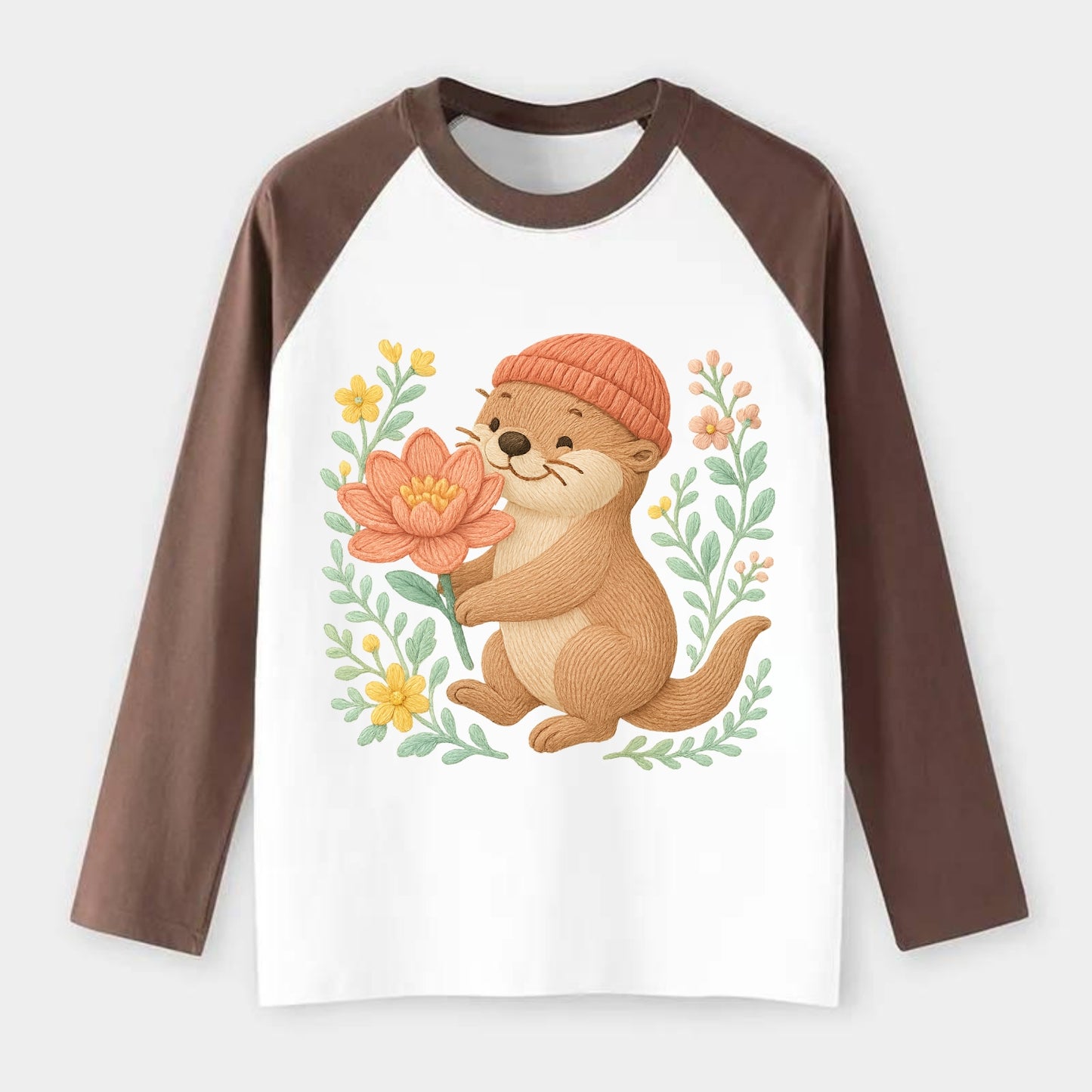 Peach Otter - Raglan Long Sleeve T-Shirt - Coffee