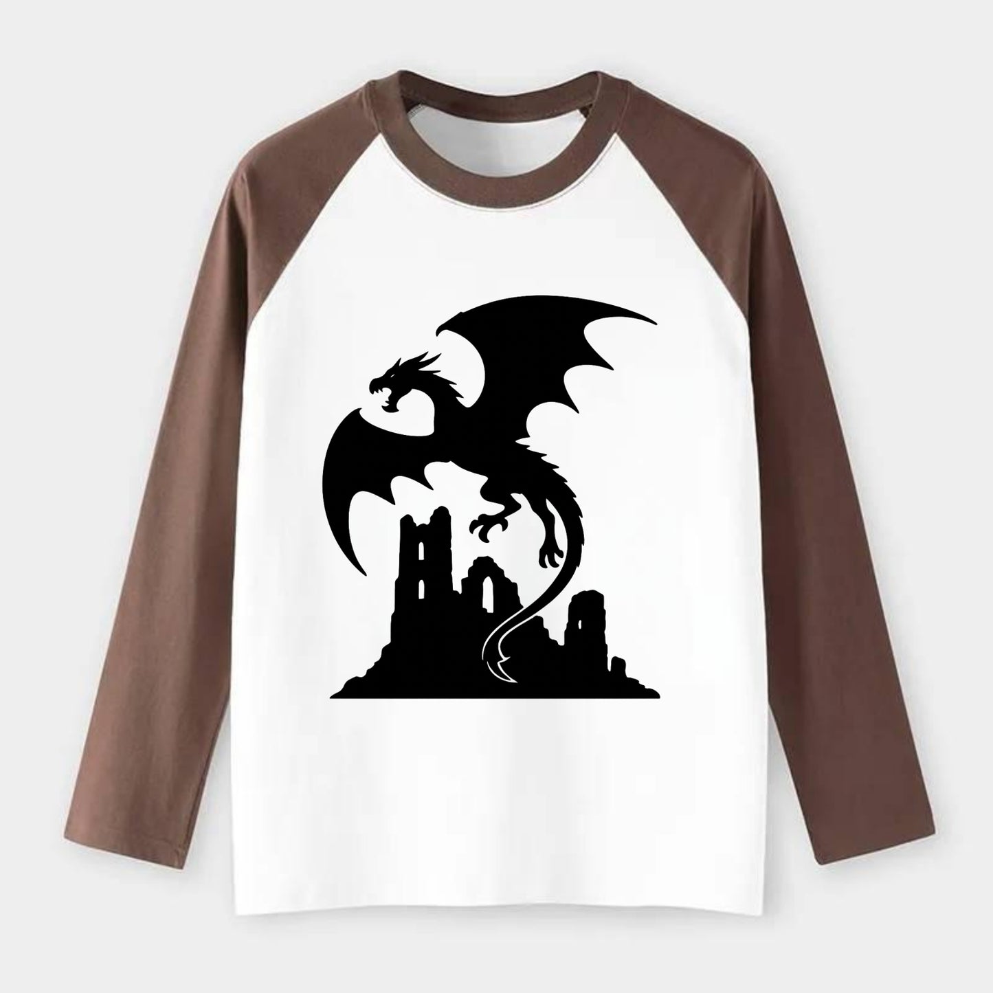 Dragon flying over castle ruins - Raglan Long Sleeve T-Shirt - Coffee